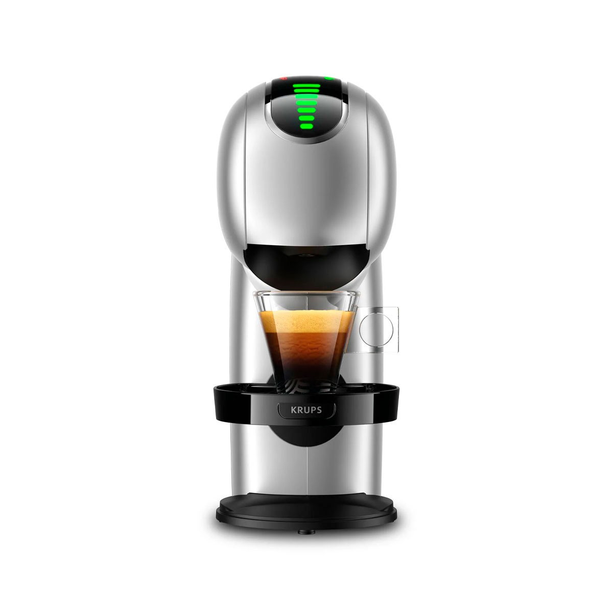 Macchina da caffè argento con un bicchiere di caffè sotto il beccuccio. Marchio KRUPS.