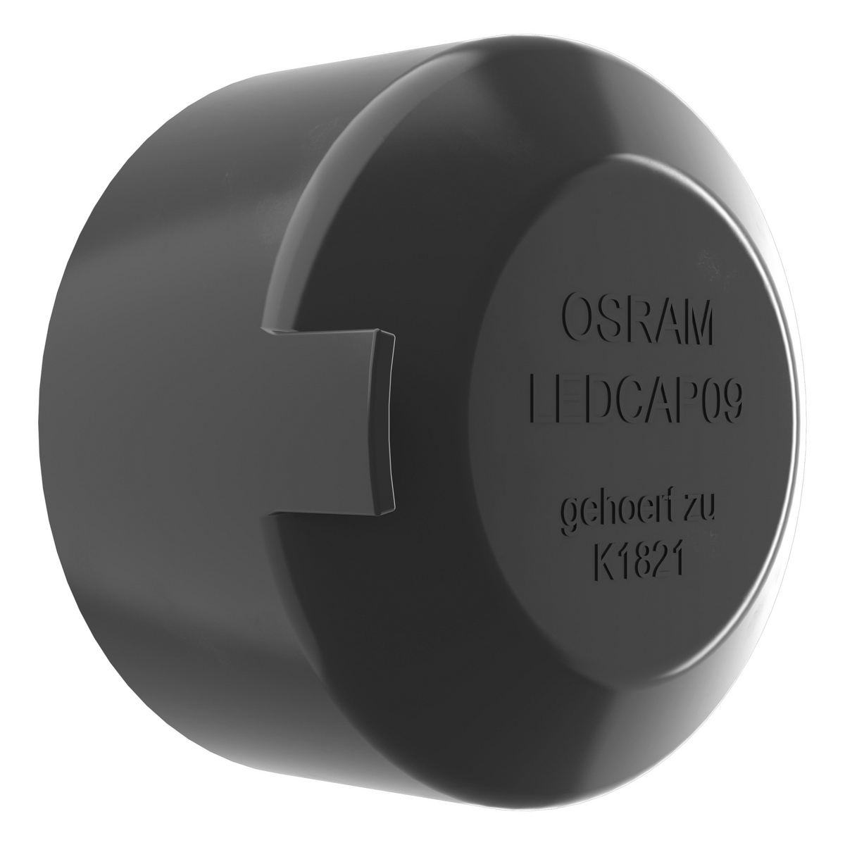 Schwarze zylindrische OSRAM LED-Abdeckung. Der Text OSRAM LEDCAP09 und K1821 ist auf der Abdeckung.
