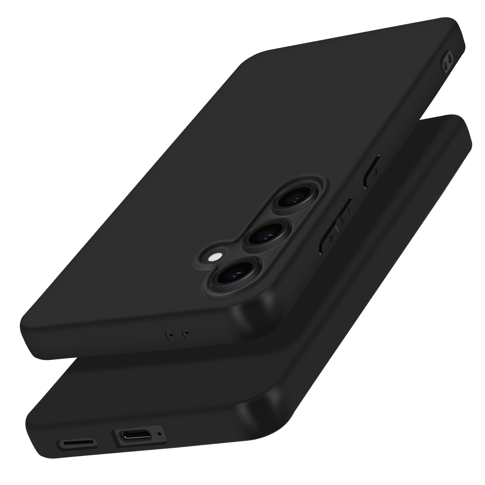 Zwei schwarze Telefonhüllen übereinander gestapelt. Die obere Hülle hat Kameraaussparungen.