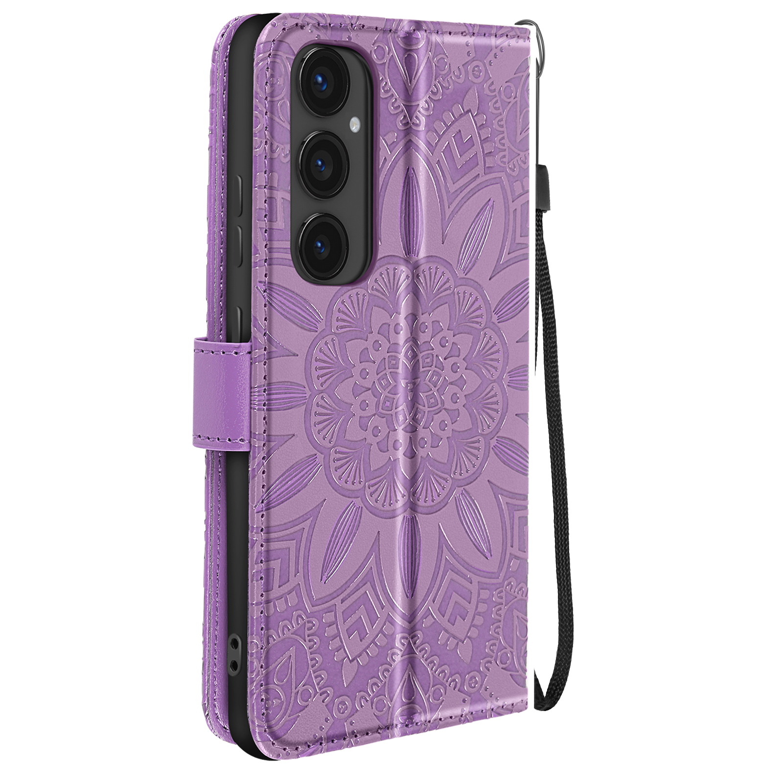 Custodia a portafoglio per telefono viola con design floreale in rilievo e cinturino nero.
