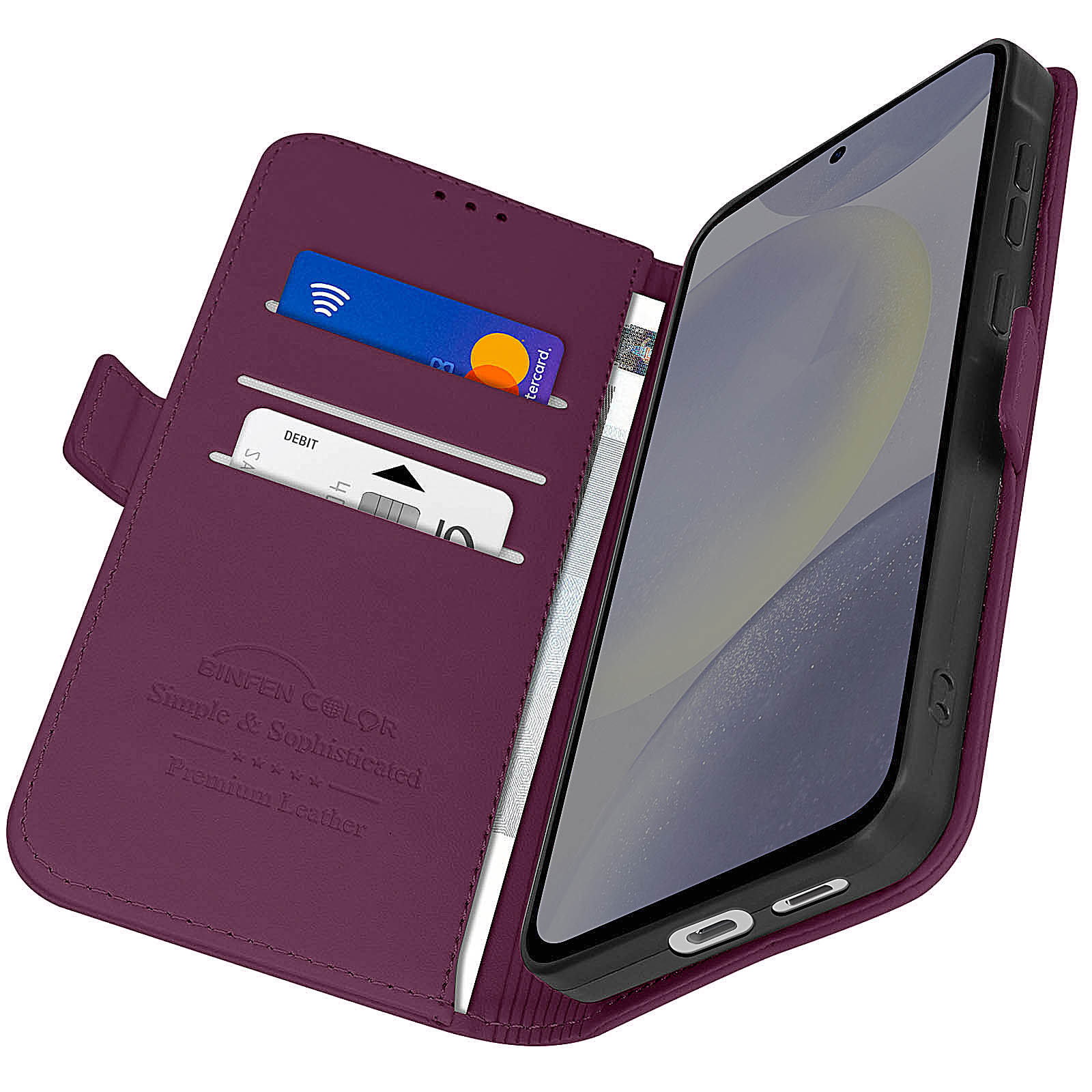 Custodia viola con carte, denaro e un telefono.