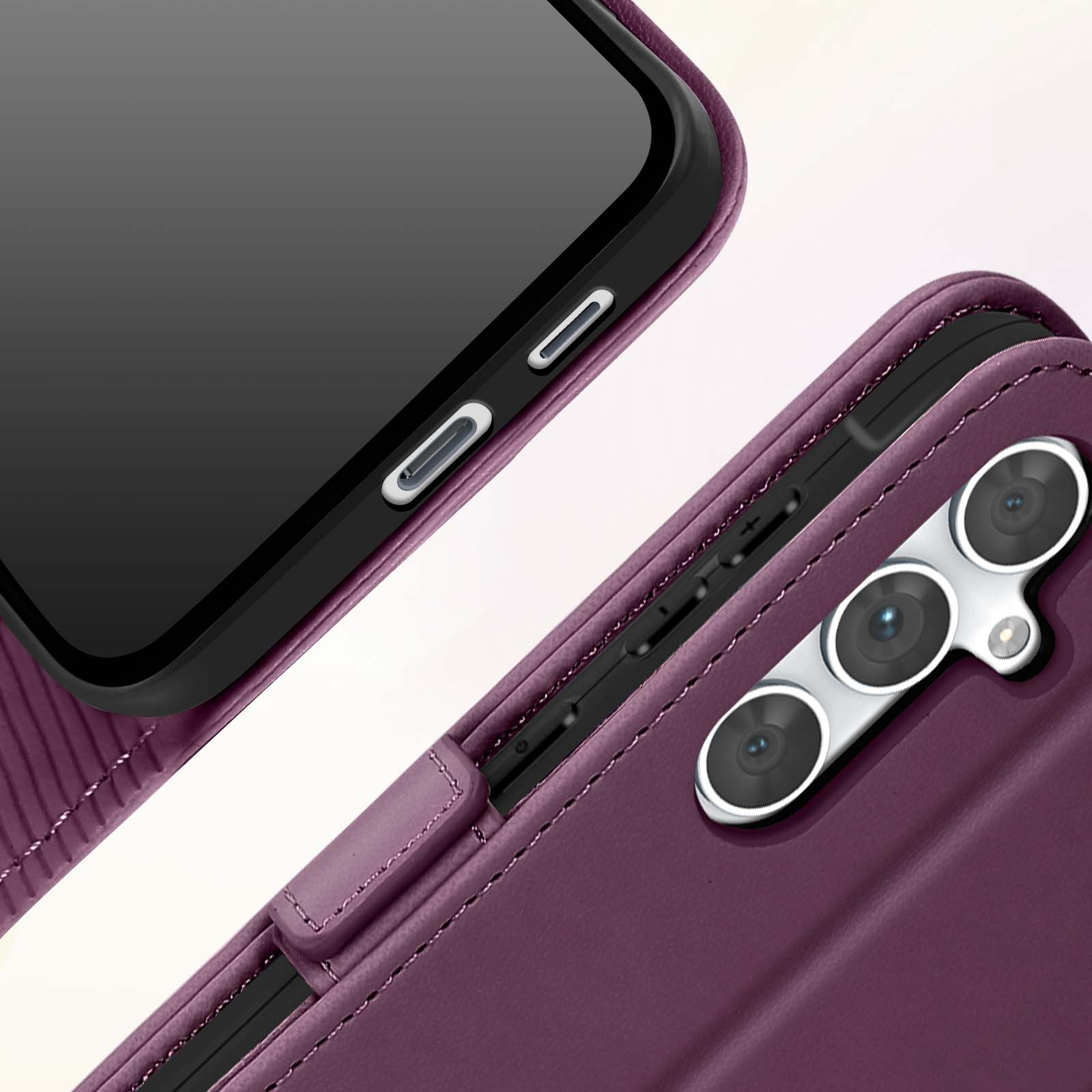 Custodia per telefono viola aperta che mostra telefono e obiettivi. Superficie strutturata e chiusura magnetica.