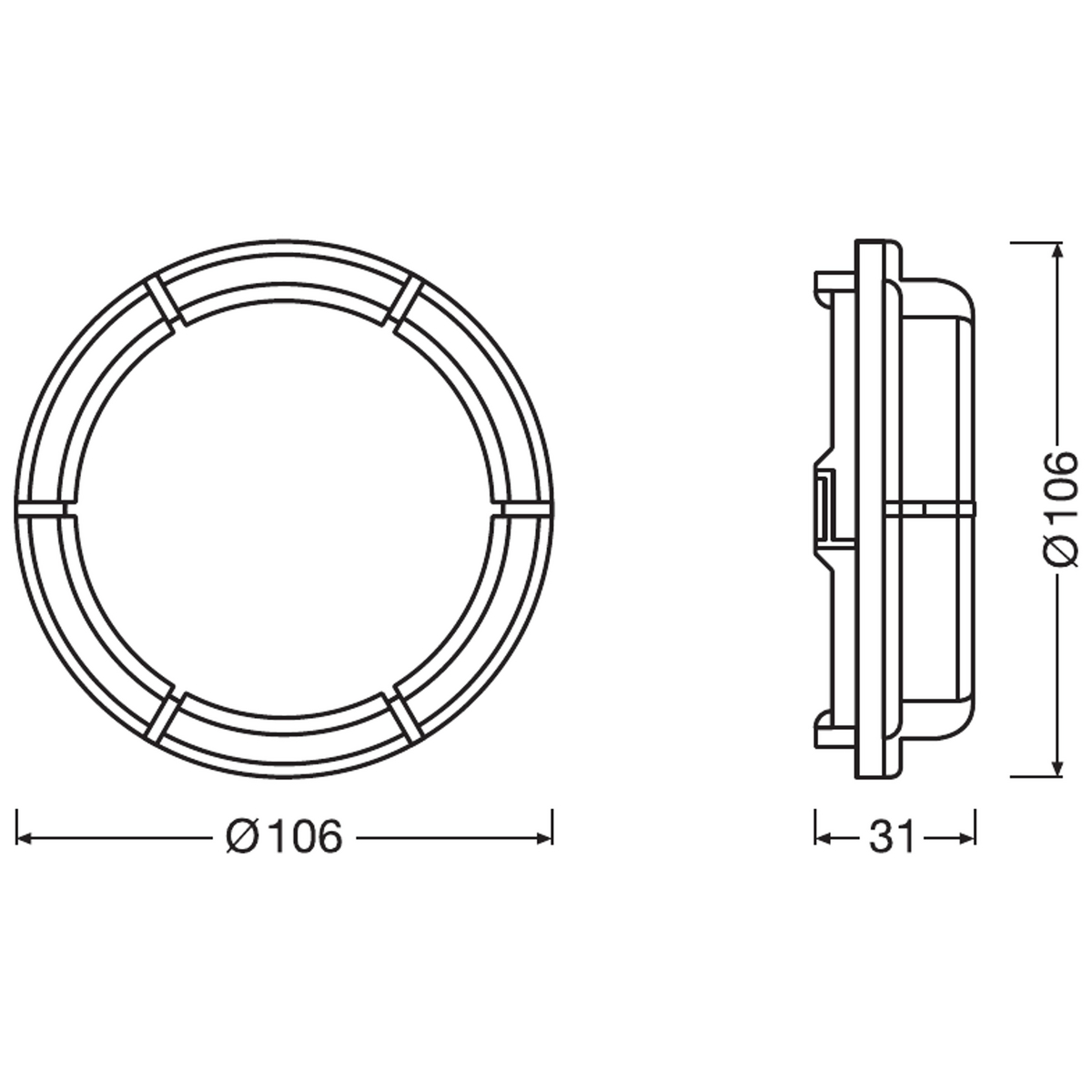 Diagramm einer kreisförmigen Leuchte, mit Abmessungen in Millimetern, Seiten- und Draufsicht.