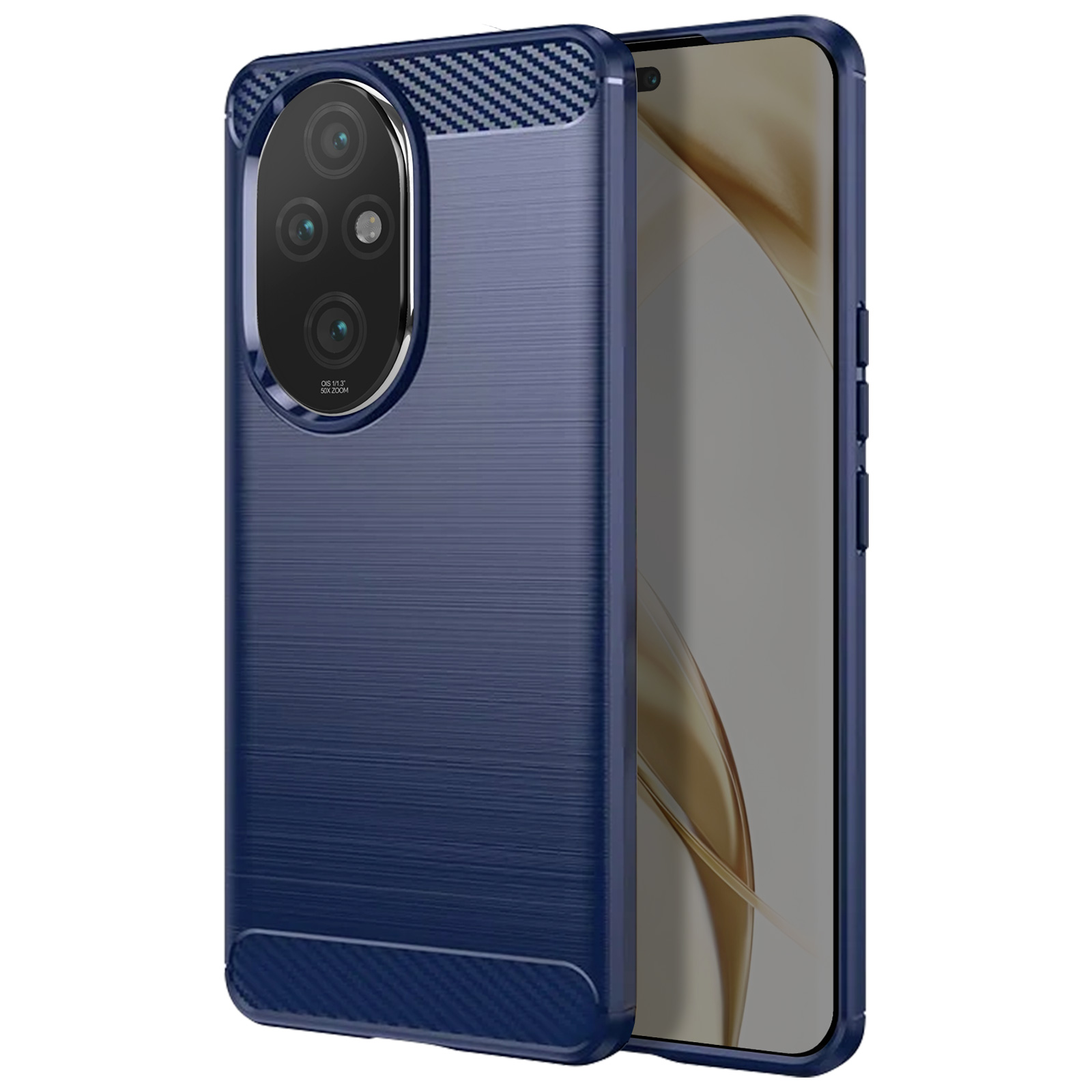 Custodia blu per telefono con motivo in fibra di carbonio. Un telefono è inserito.
