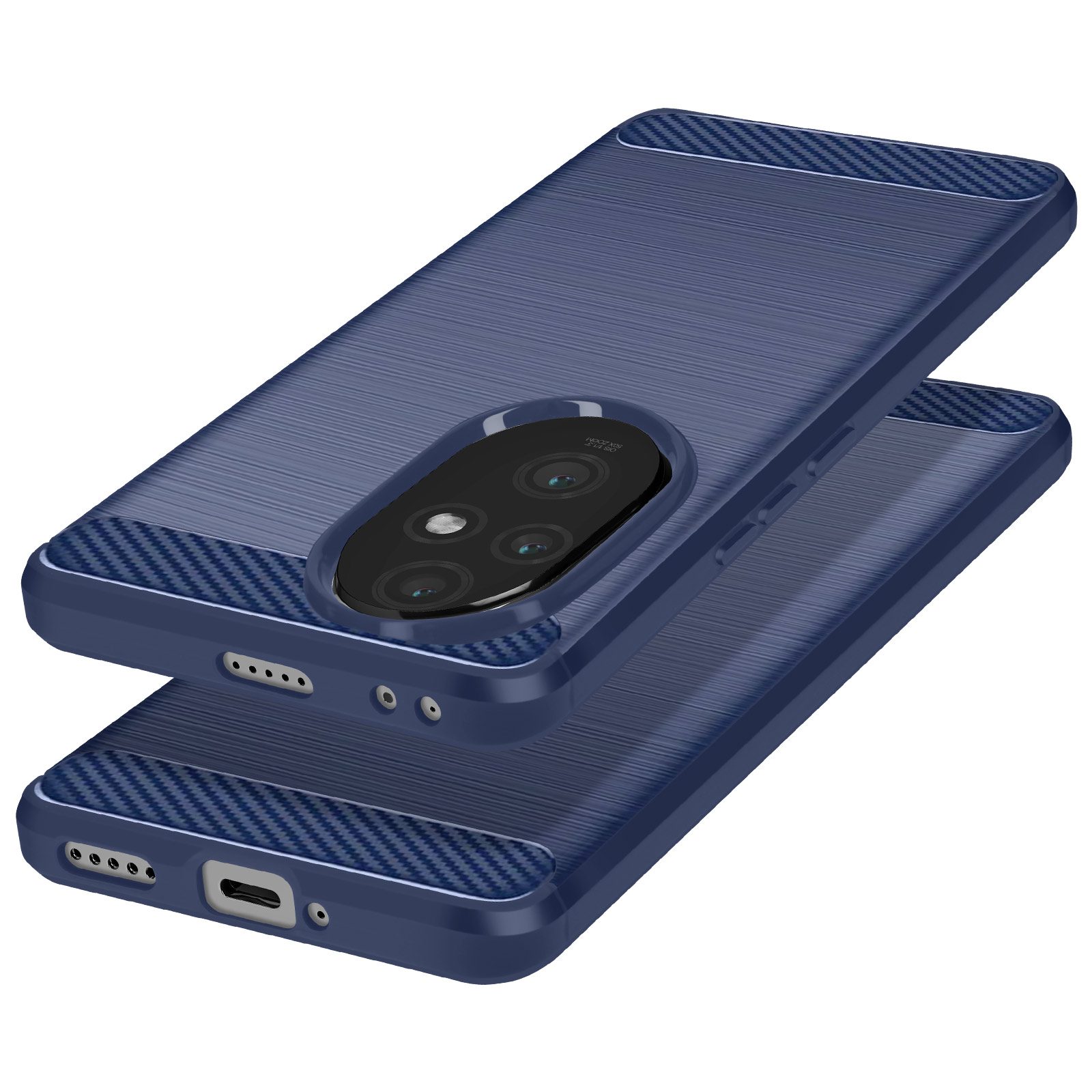 Due custodie per telefono blu scuro, che mostrano il design esterno, con fori per la fotocamera.