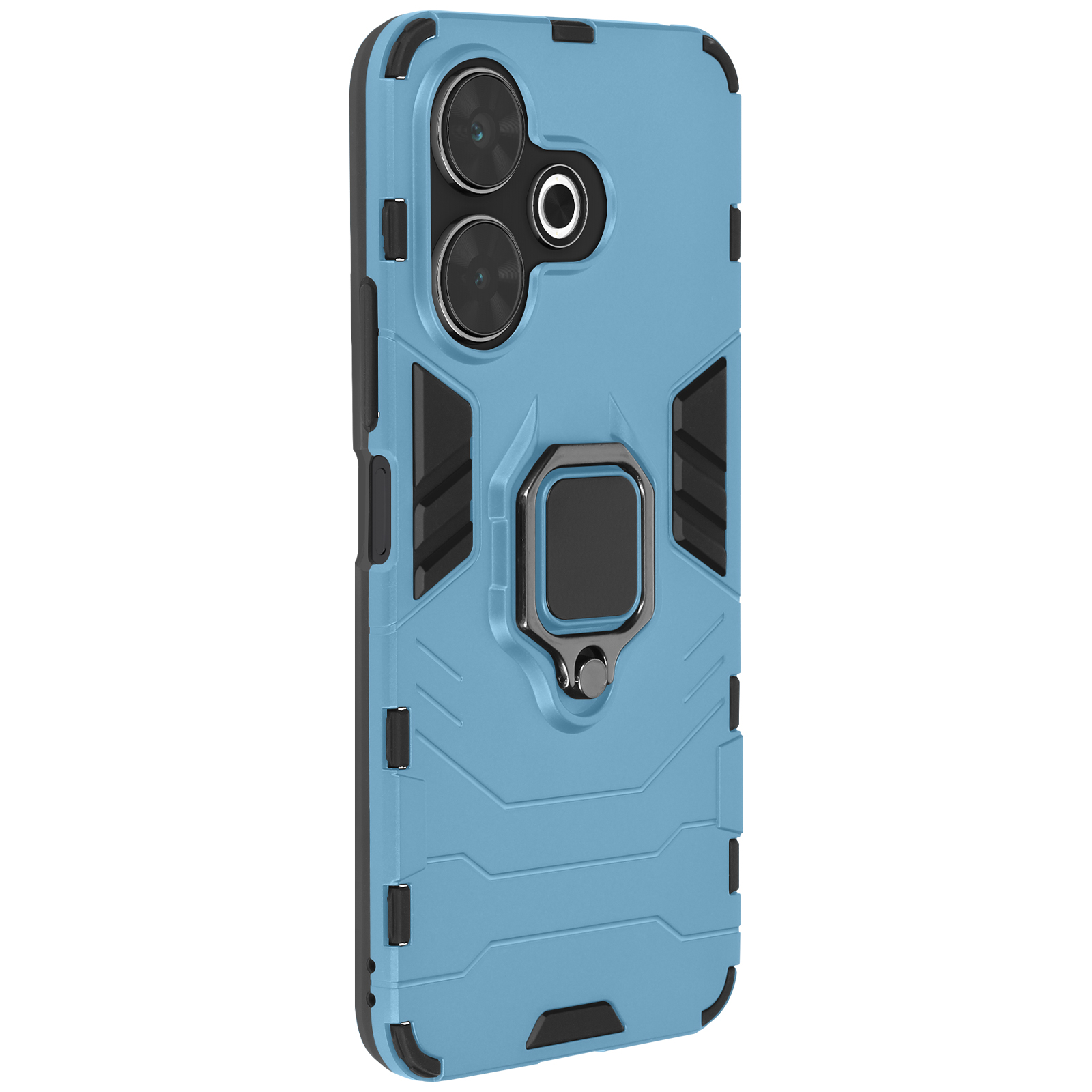 Custodia per telefono blu con modulo fotocamera e supporto ad anello sul retro.
