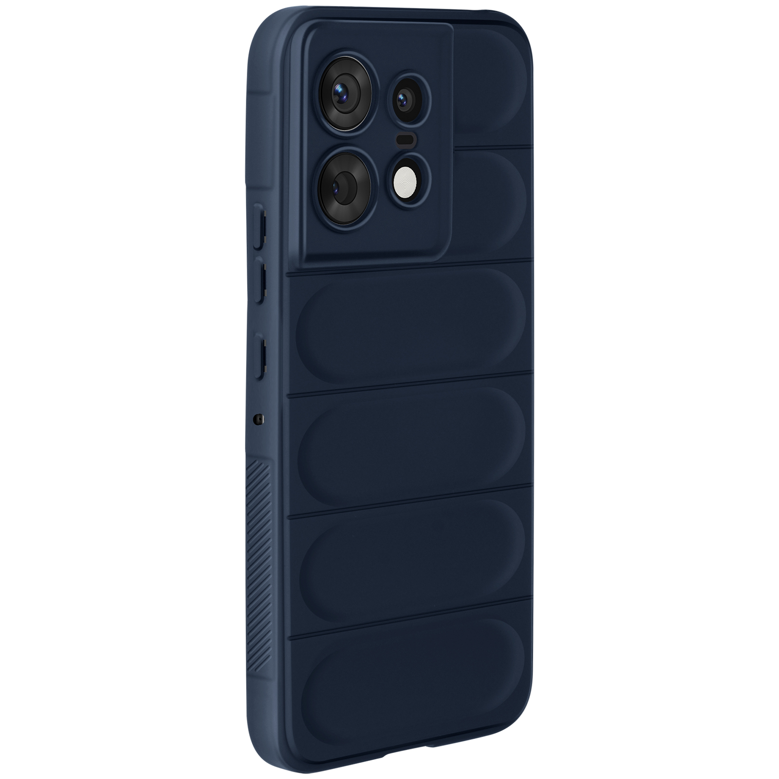 Custodia blu navy con rialzo fotocamera. Design imbottito verticale. Sfondo scuro.