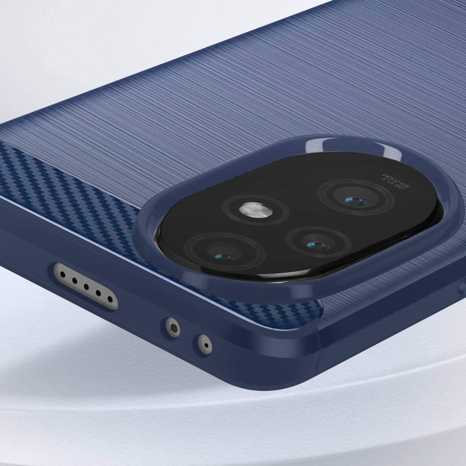Telefono blu con più obiettivi della fotocamera, sfondo blu scuro.
