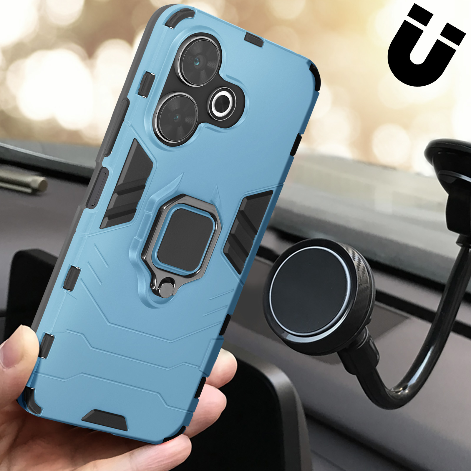 Custodia blu per telefono attaccata al supporto per auto. Magnete visibile. Telefono e custodia nel supporto.
