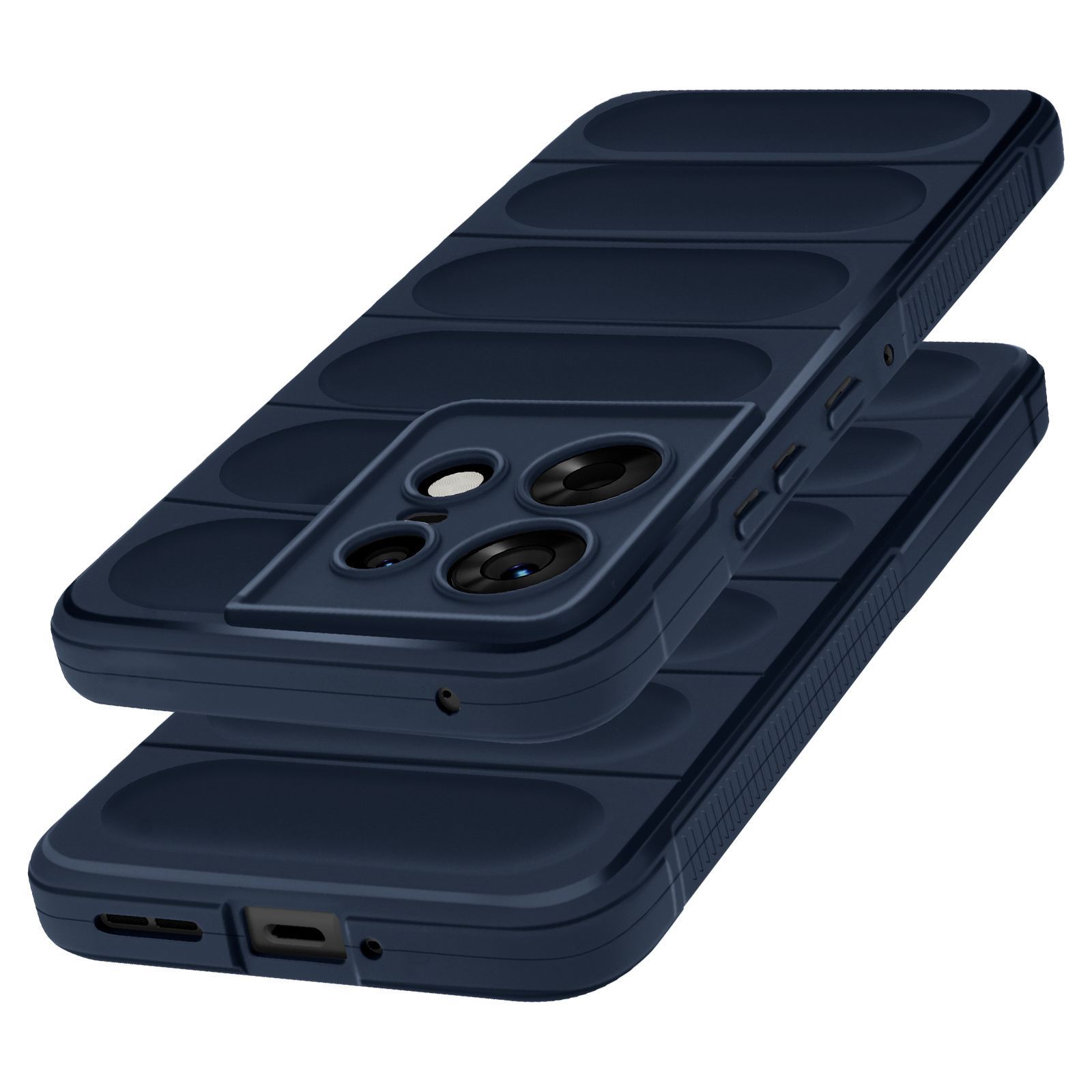 Custodia per telefono blu navy con design a bolle in rilievo. Su una superficie bianca.
