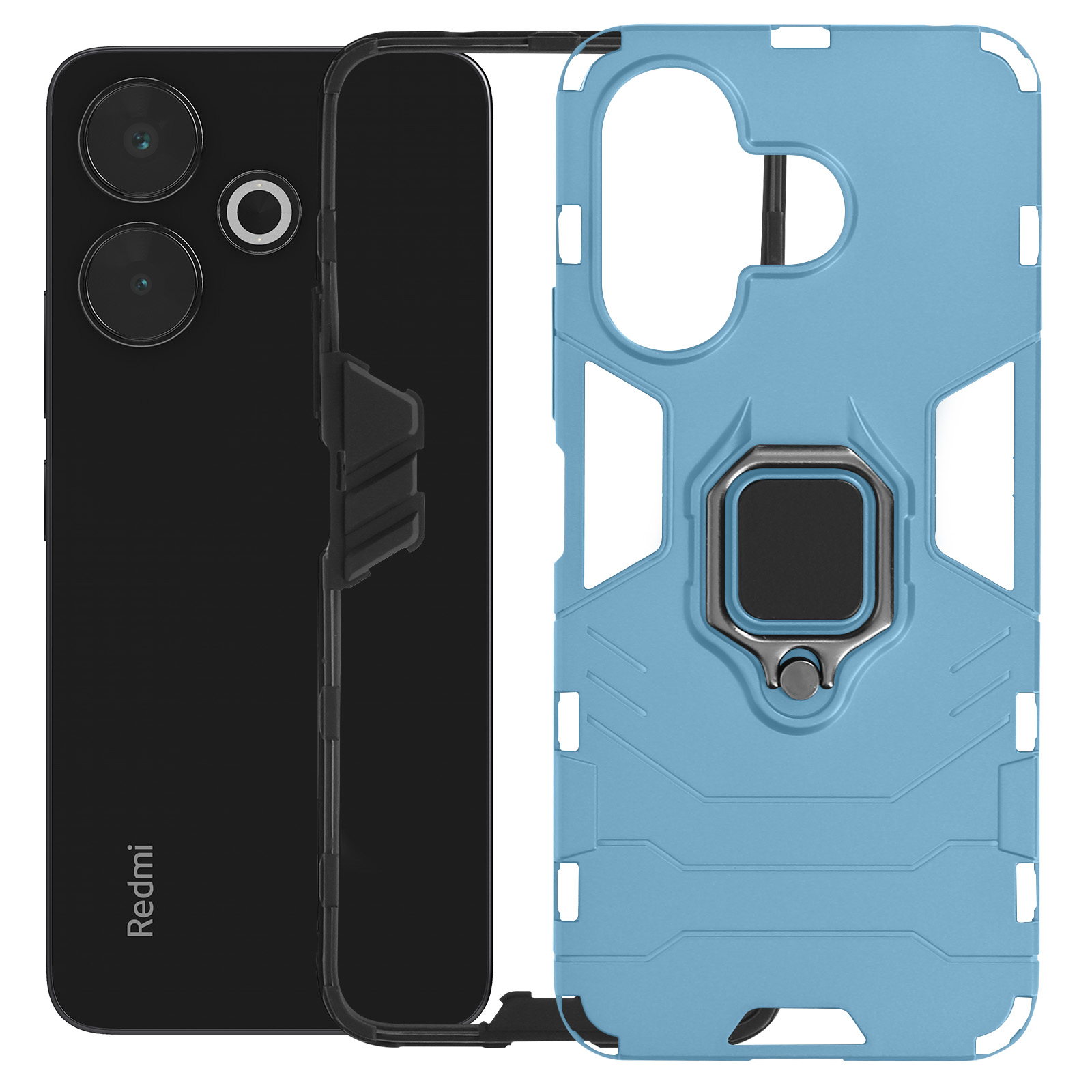 Telefono nero con custodia protettiva blu. Sfondo bianco.