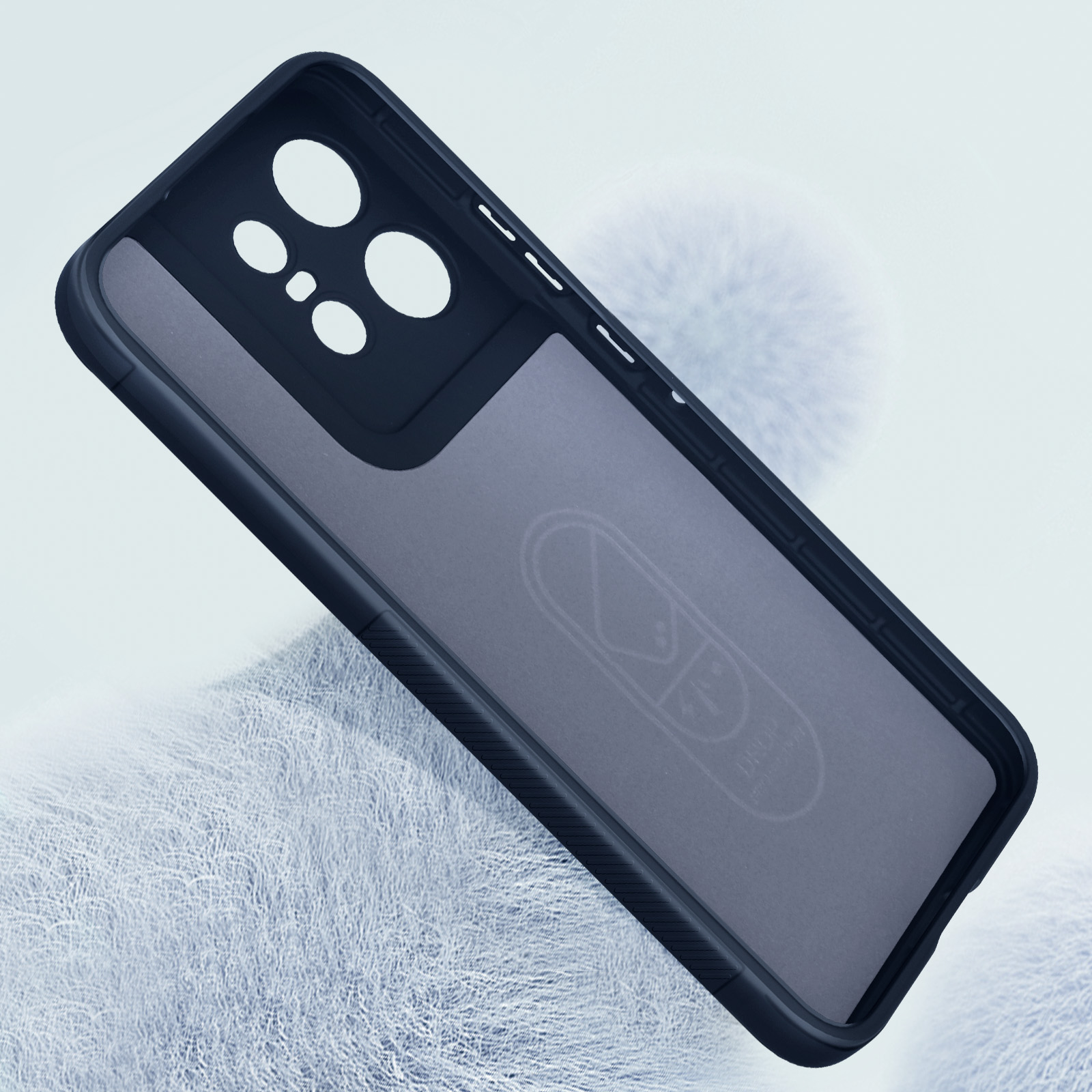 Interno di custodia per telefono nero con design a pillola bianca su sfondo chiaro.