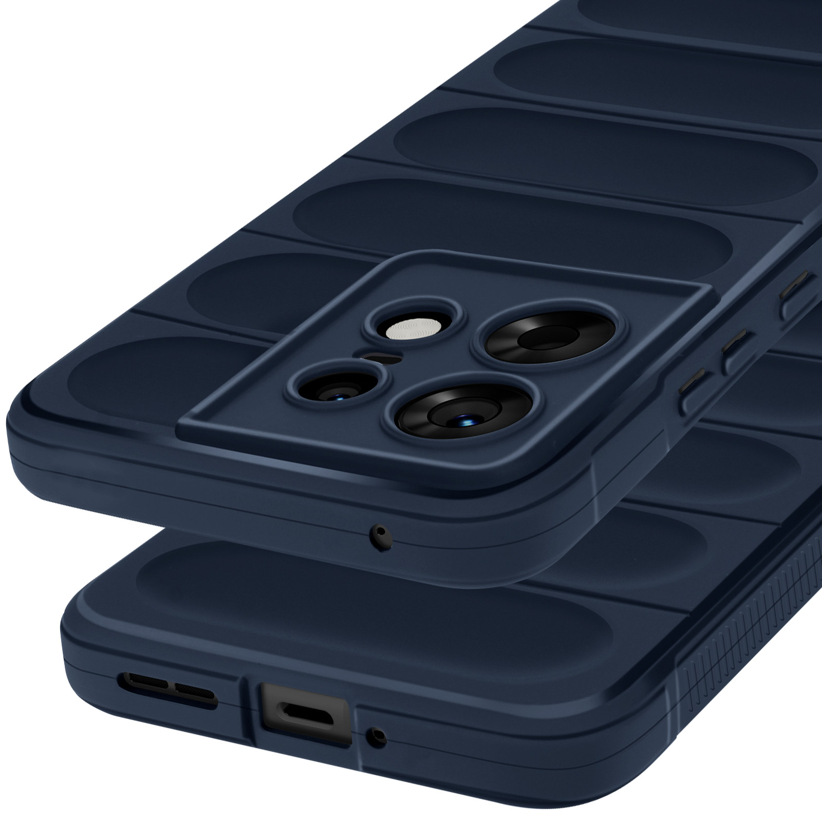 Primo piano di una custodia per telefono blu scuro. La custodia ha un design strutturato e ritagli per la fotocamera.