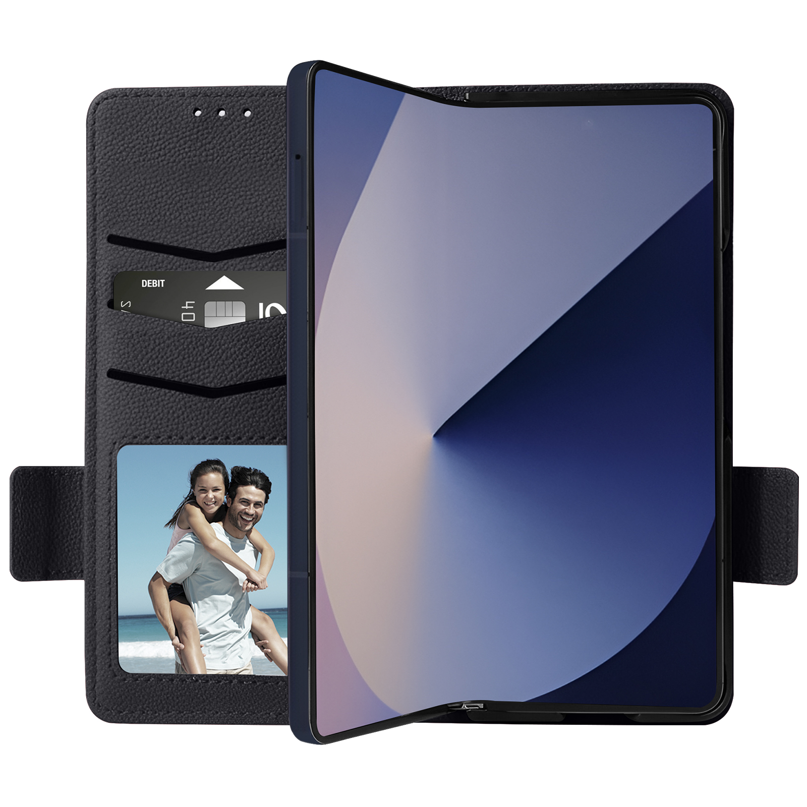 Custodia per telefono nera con fessure per carte di credito e un'immagine. Schermo del tablet aperto.