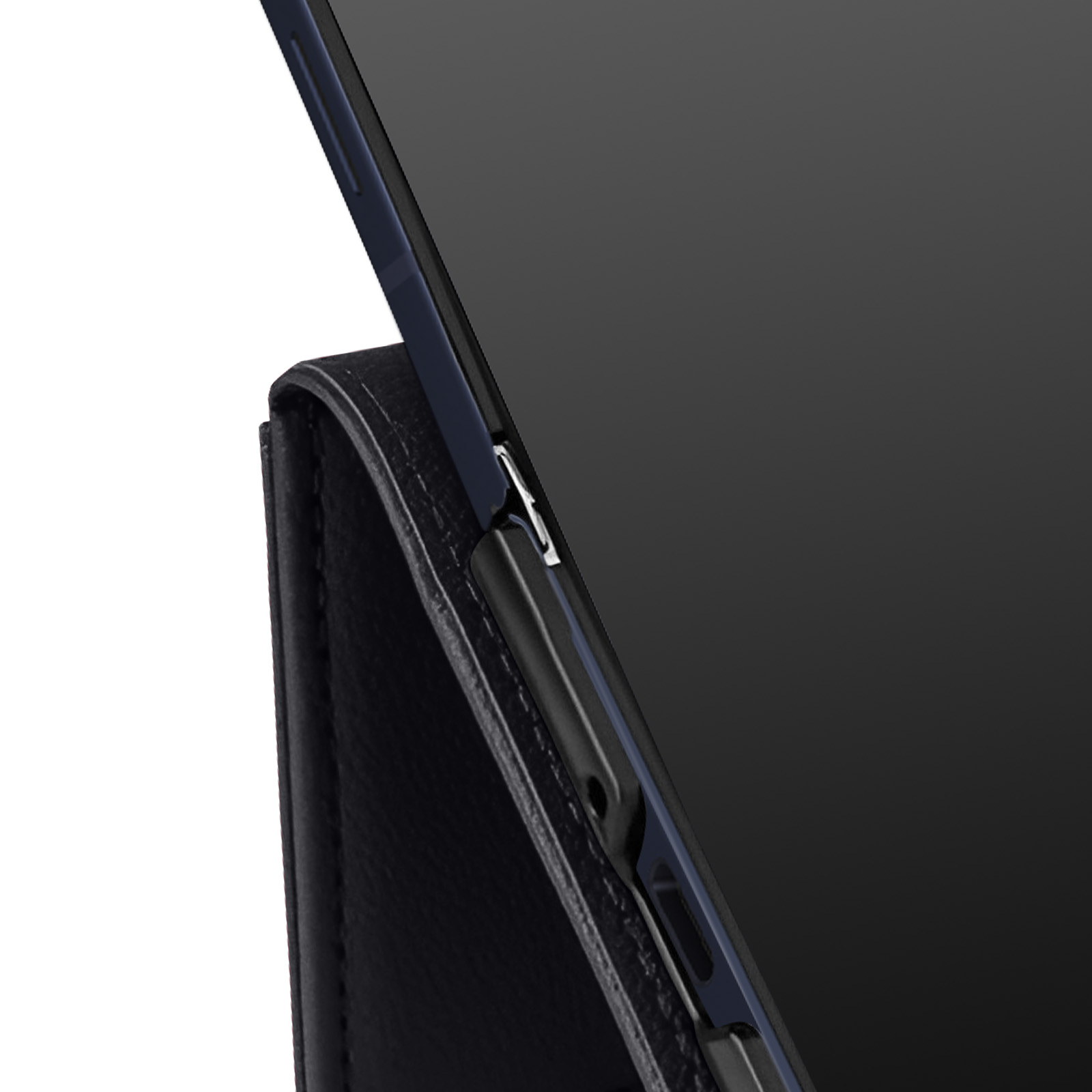 Un bordo di un tablet con cornice nera e retro blu scuro.
