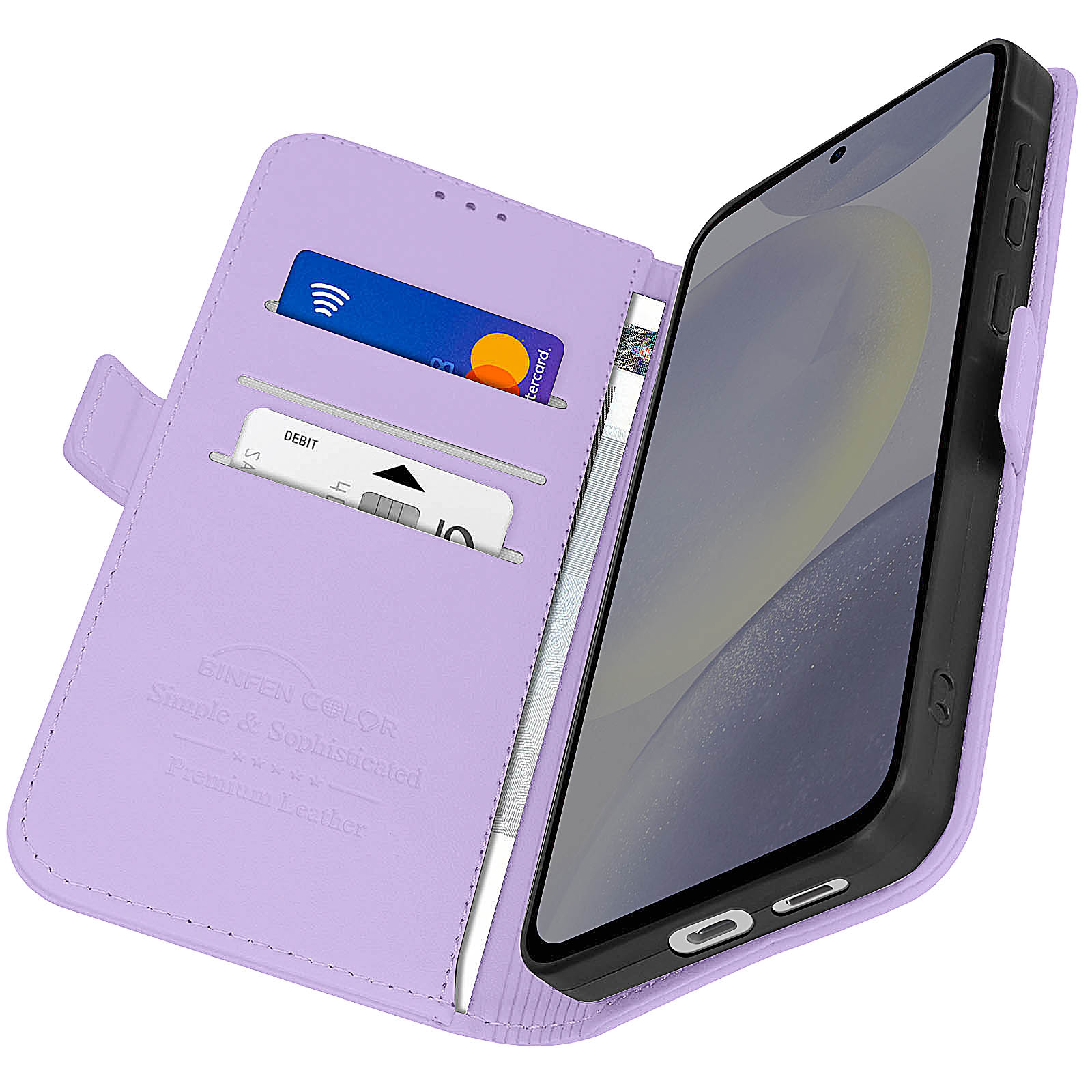 Una custodia per telefono viola con fessure per carte di credito e un telefono all'interno, accanto a uno stilo.