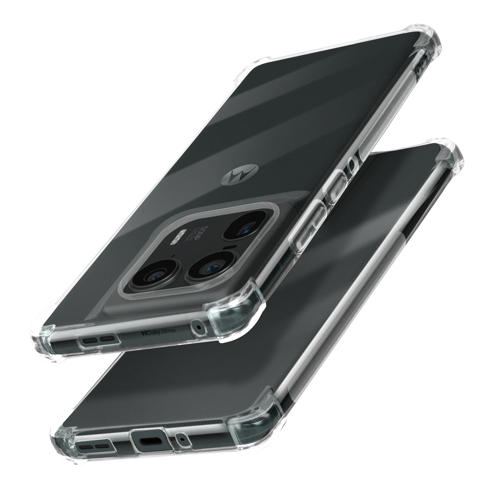 Due telefoni con custodie trasparenti. I telefoni sono neri. L'obiettivo della fotocamera è visibile.
