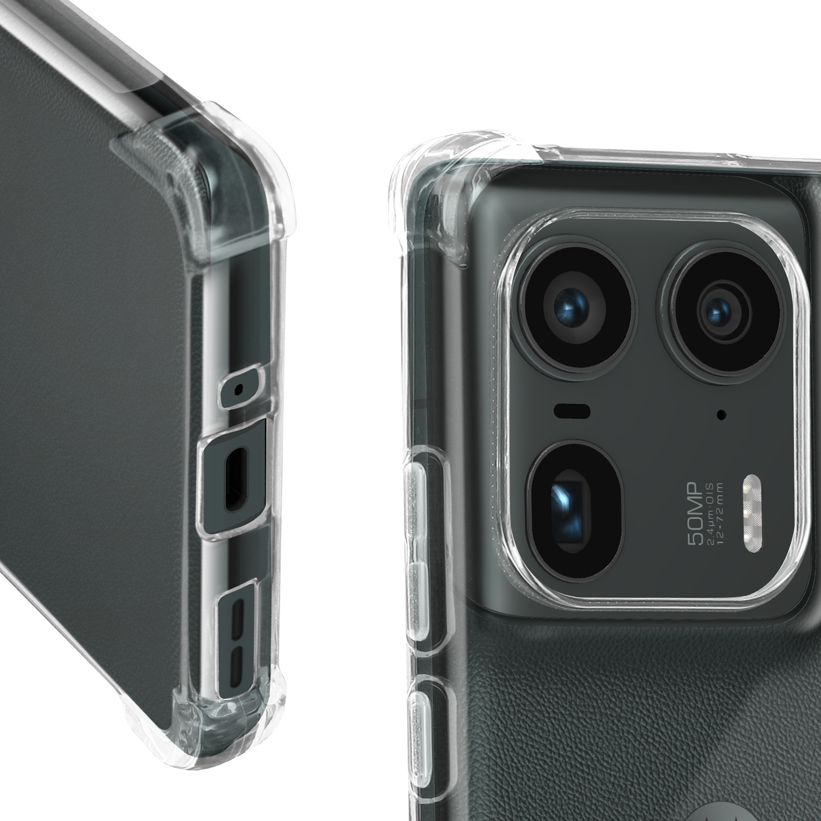 Primo piano di un telefono con custodia trasparente applicata. Il telefono ha più obiettivi della fotocamera.