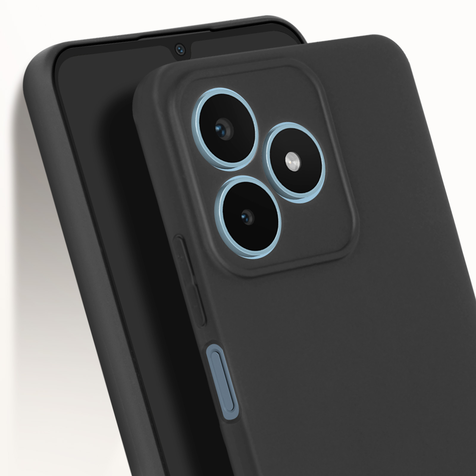 Custodia per telefono nera con configurazione a tripla fotocamera. Colore grigio scuro. Un altro telefono sullo sfondo.