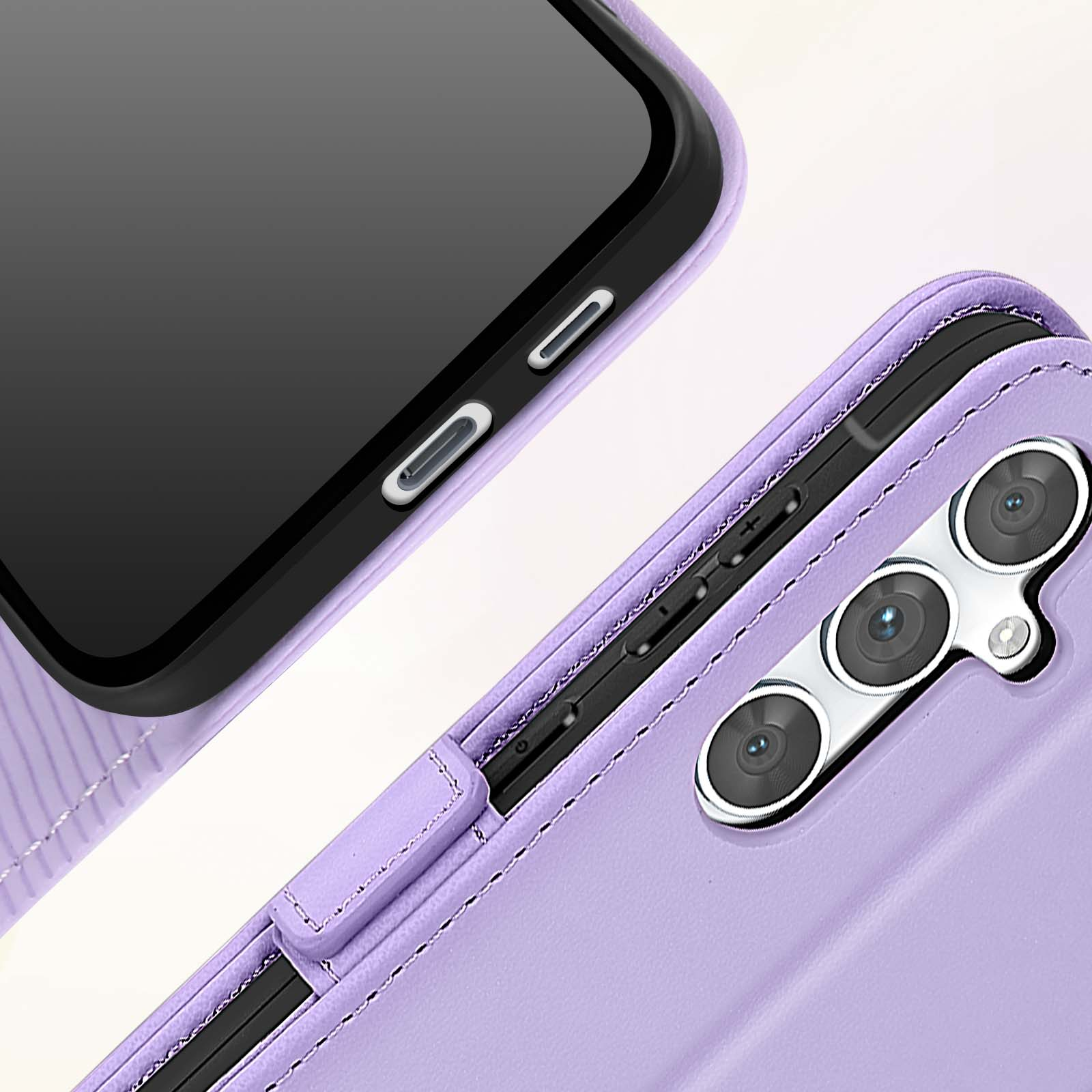 Custodia viola per telefono, aperta, che mostra il telefono e le fotocamere.