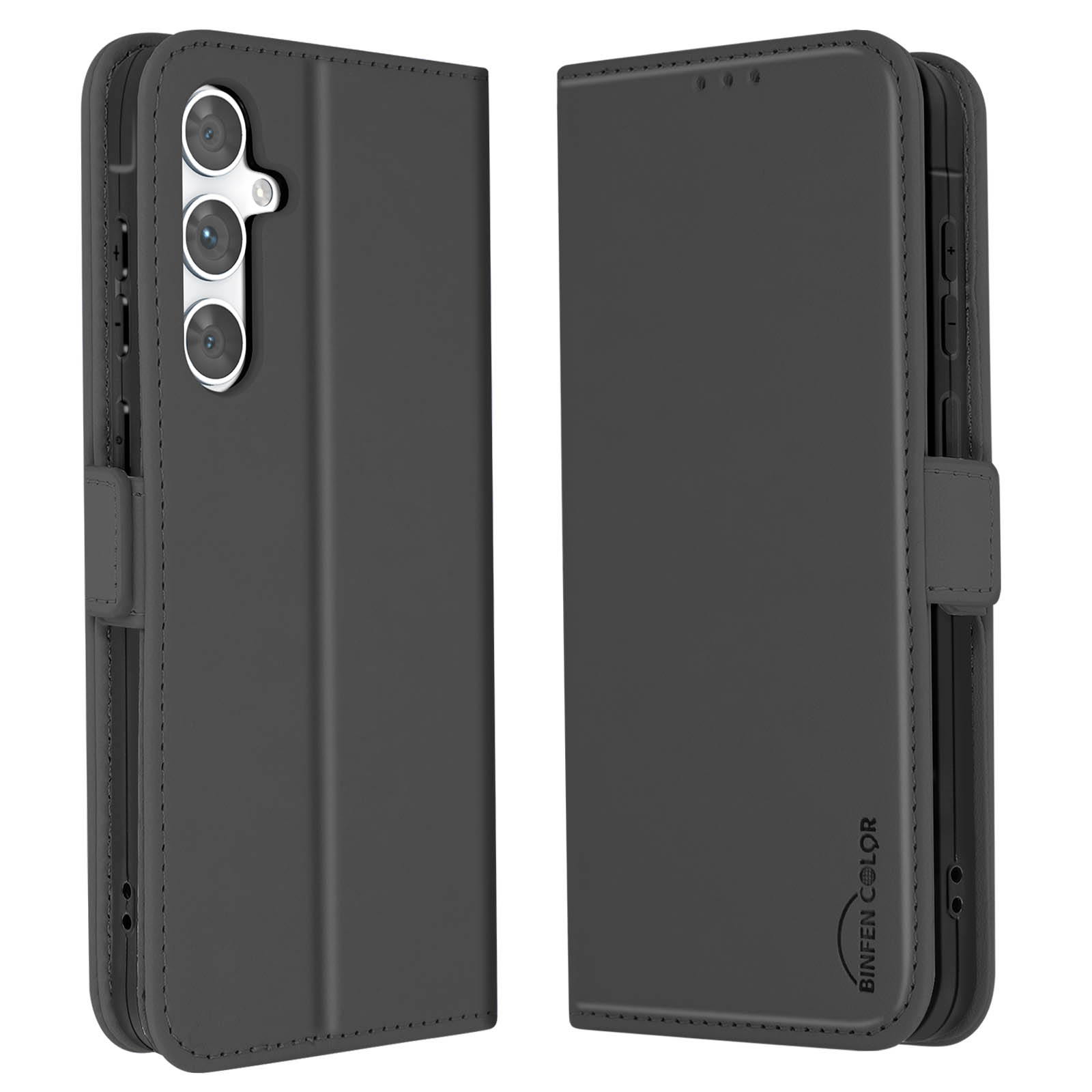 Custodia per telefono nera che mostra due lati. È di colore nero e ha un logo Binfen Color.