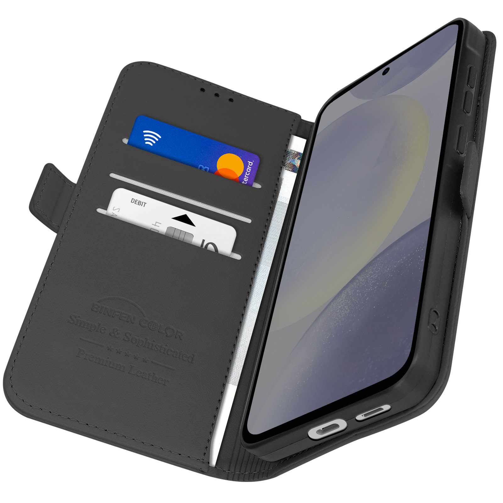 Custodia nera per telefono con carta e denaro. Il telefono è visibile. Il marchio è BINFEN COLOR.