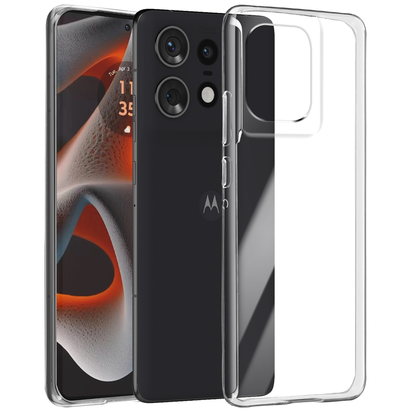 Smartphone auf der Seite mit einer transparenten Hülle. Es hat drei Kameras und eine Datumsanzeige.