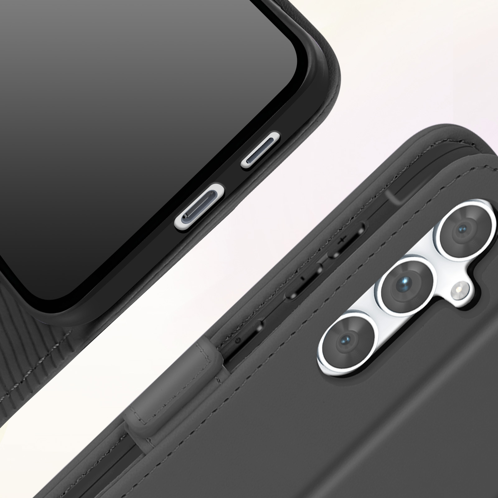 Primo piano di custodia nera per telefono con dettaglio fotocamera, aperta, con pulsanti.