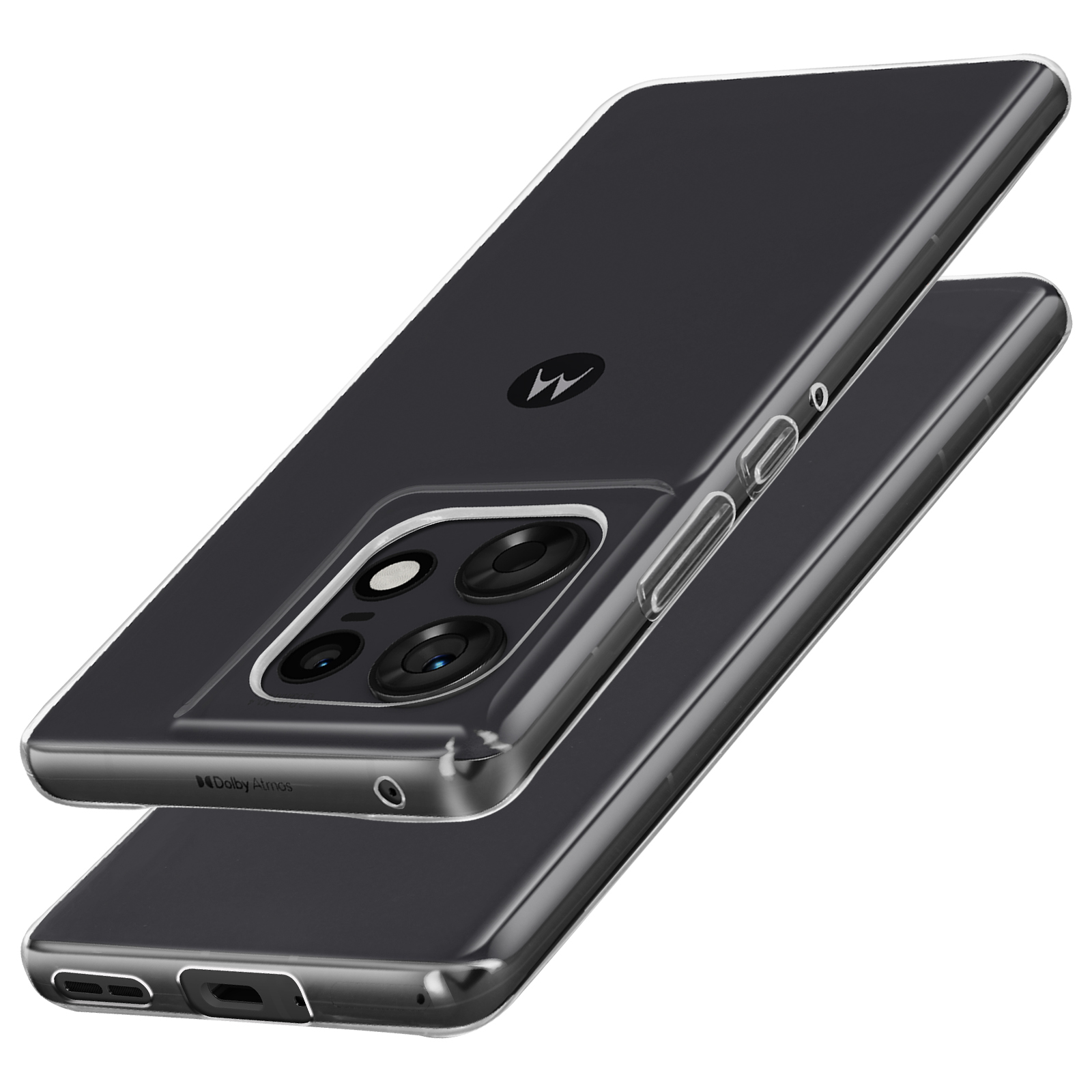 Eine transparente Handyhülle über einem schwarzen Telefon, mit weißem Logo.