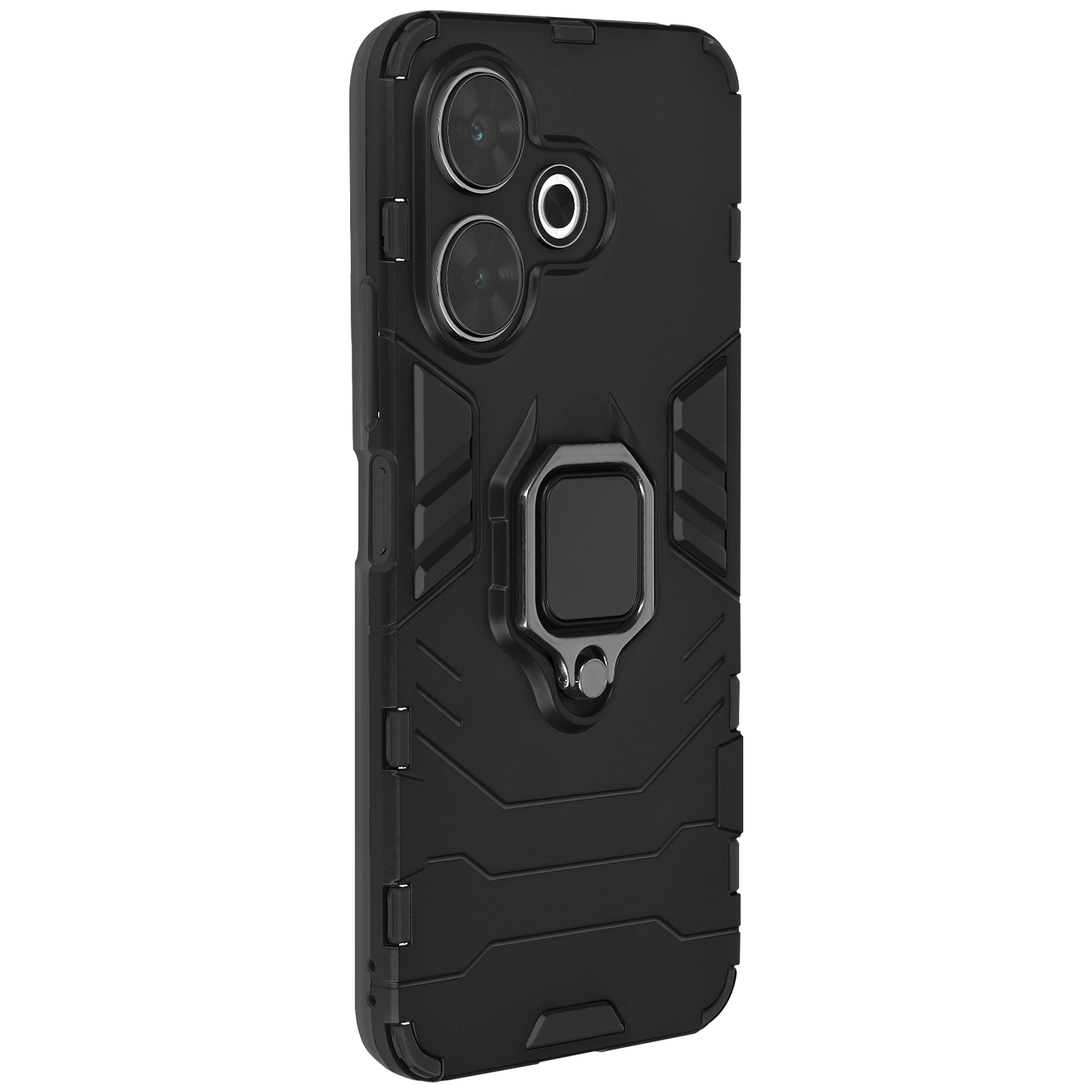 Custodia nera per telefono con tre fori per fotocamera e un supporto ad anello.