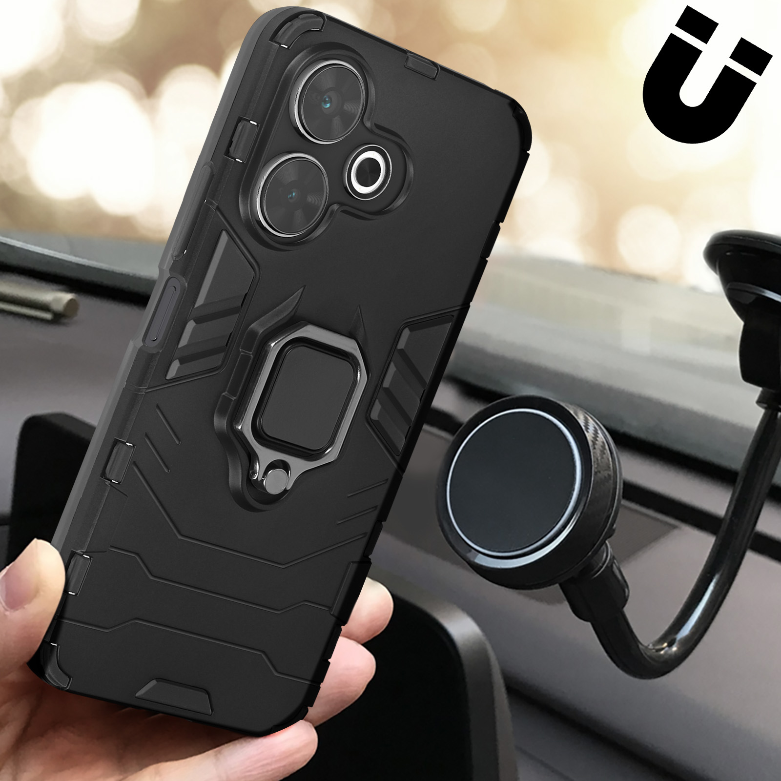 Custodia per telefono nera tenuta in mano, con supporto magnetico per auto. La custodia ha un anello.