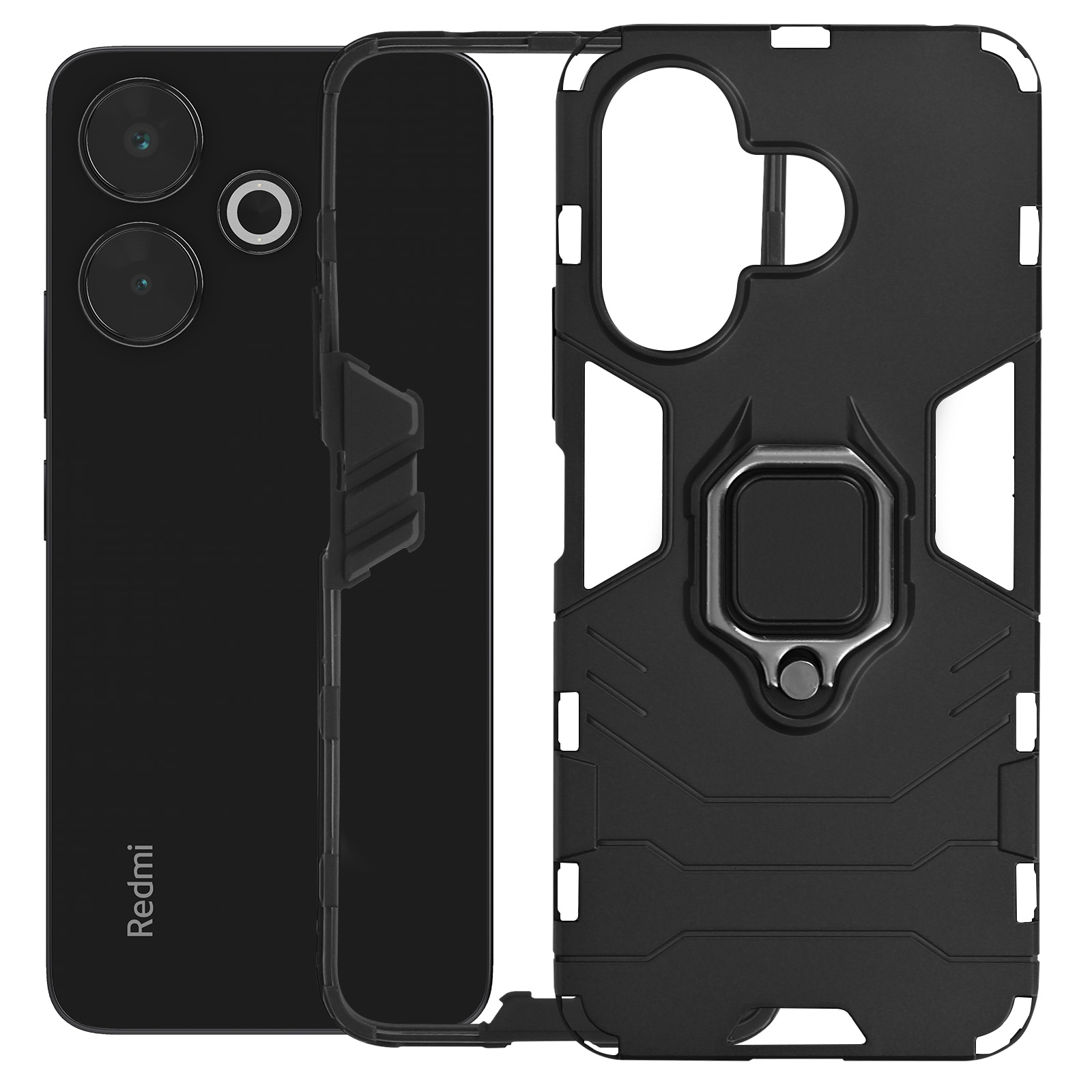 Telefono nero con tripla fotocamera e custodia nera. La custodia ha un anello sul retro.