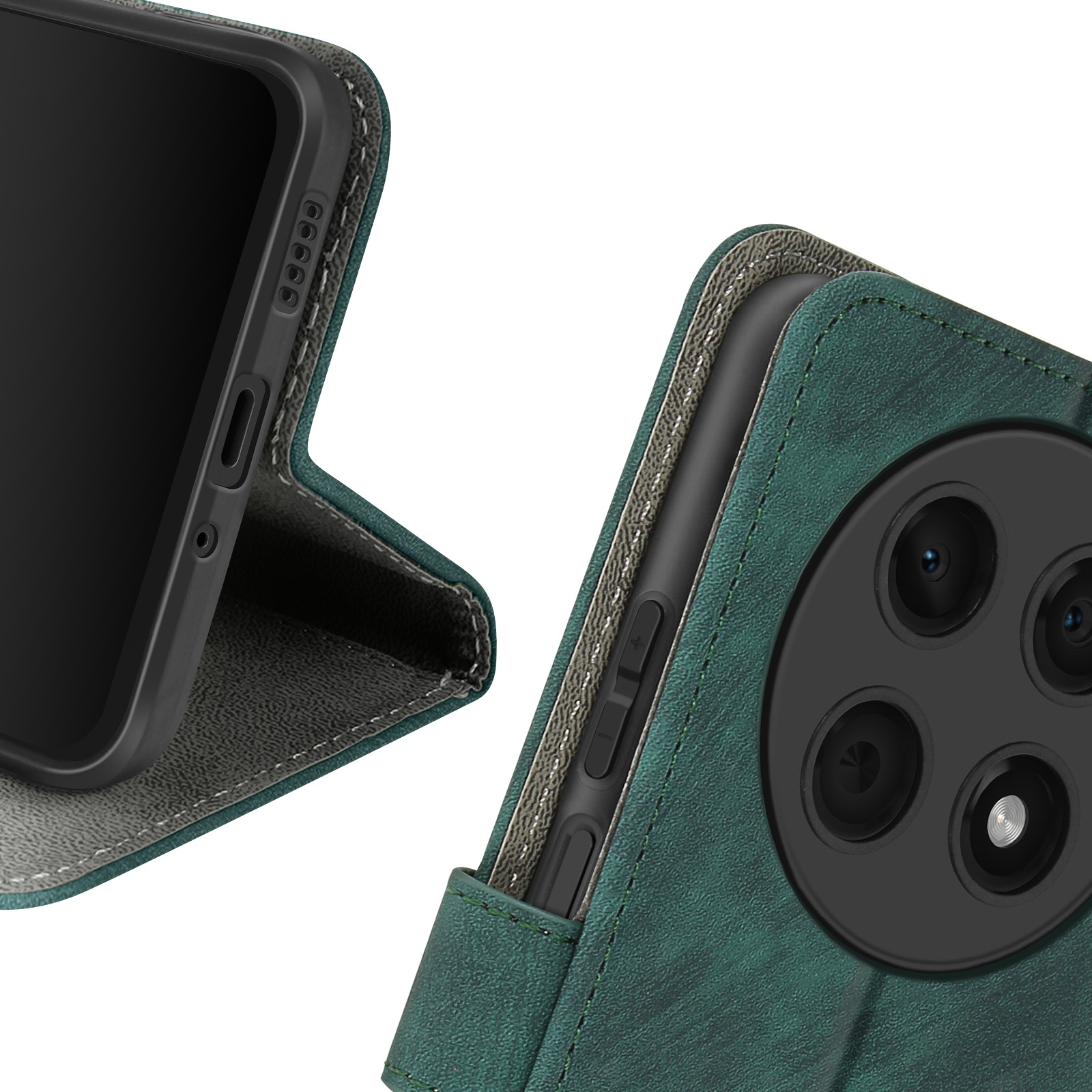 Custodia verde per telefono con ritaglio per fotocamera. La custodia è aperta per mostrare il lato del telefono.