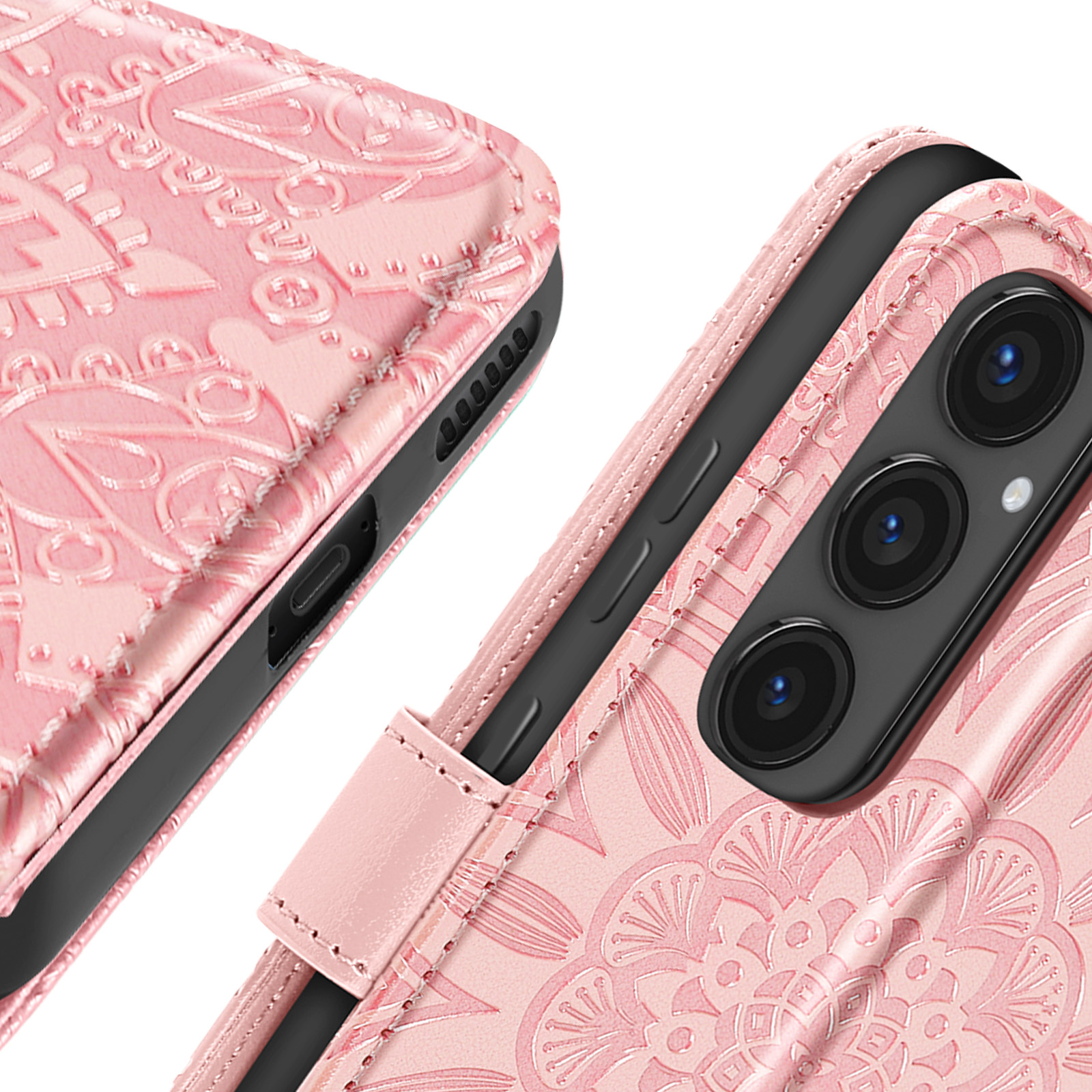 Una custodia per telefono rosa, con un motivo floreale in rilievo. La custodia è aperta e contiene un telefono.