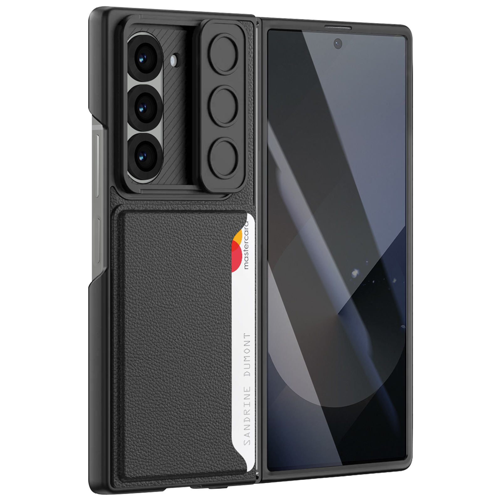 Custodia nera per telefono con slot per schede, carta di credito e telefono con fotocamera.