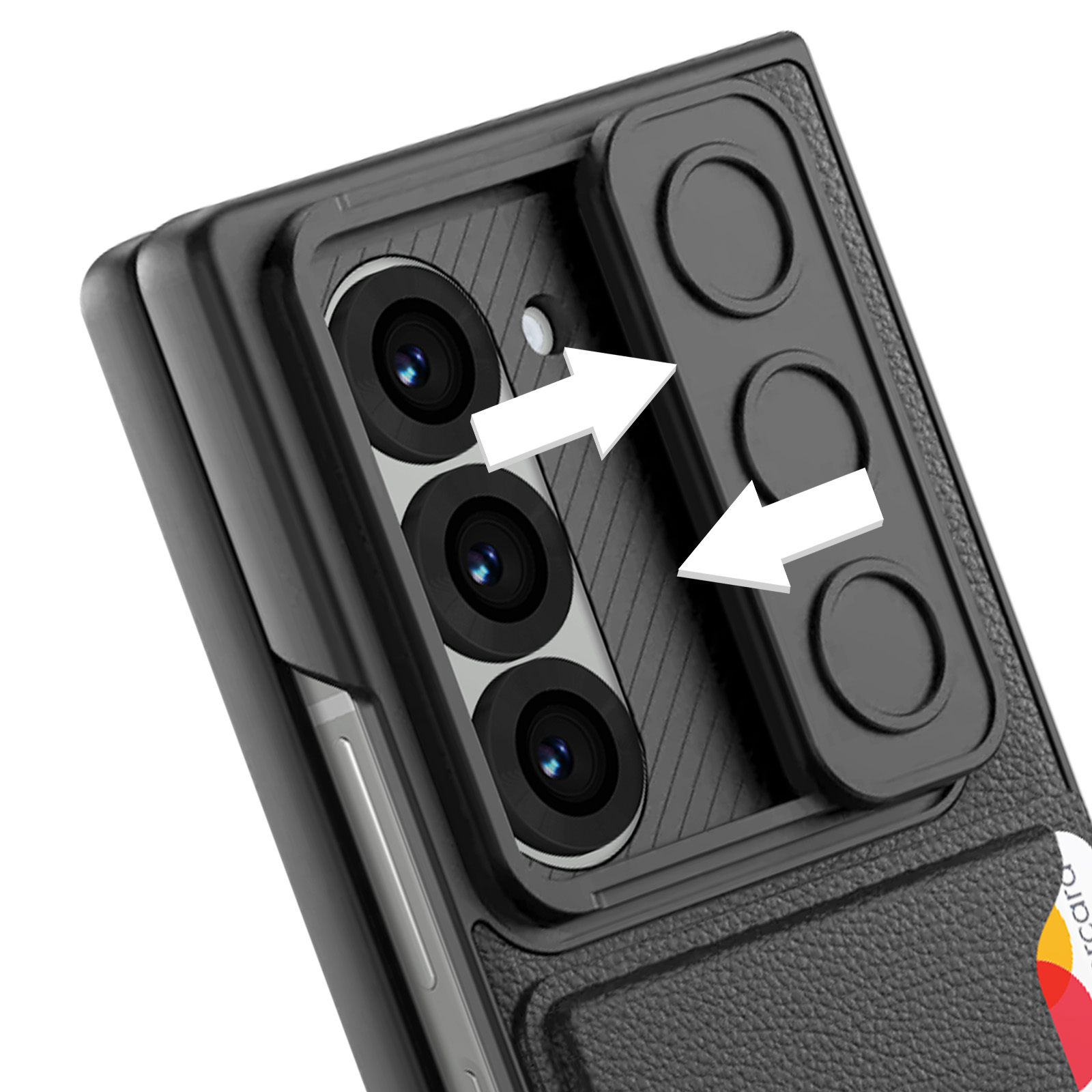 Custodia nera per telefono con copertura della fotocamera. Le frecce indicano i movimenti di scorrimento verso la fotocamera.