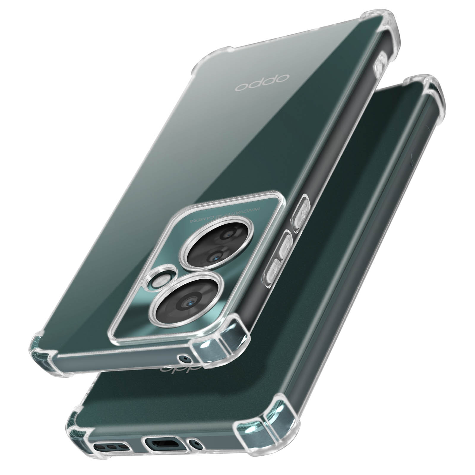 Una custodia trasparente per telefono sopra un'altra, che mostra l'obiettivo della fotocamera e le protezioni dei bordi.