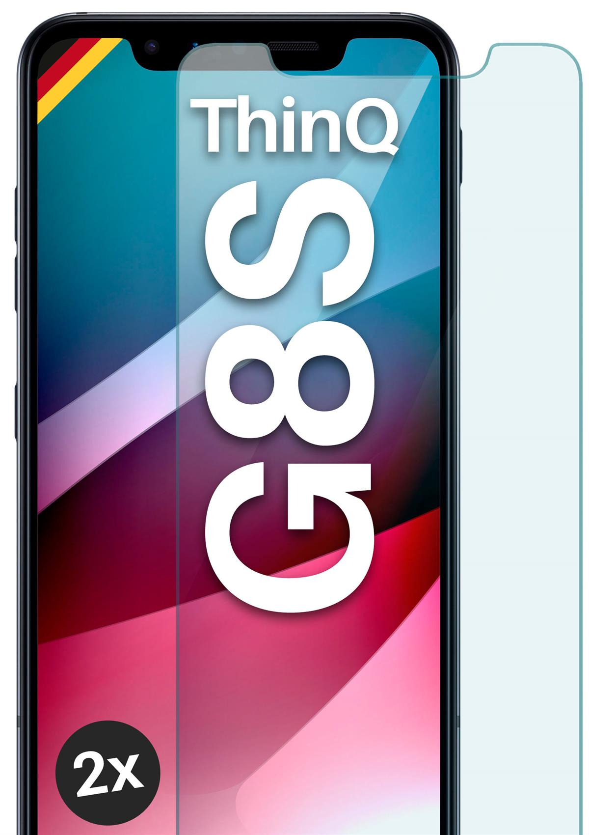 Smartphone mit angebrachtem Displayschutz, zeigt Thin Q und G8S Text.