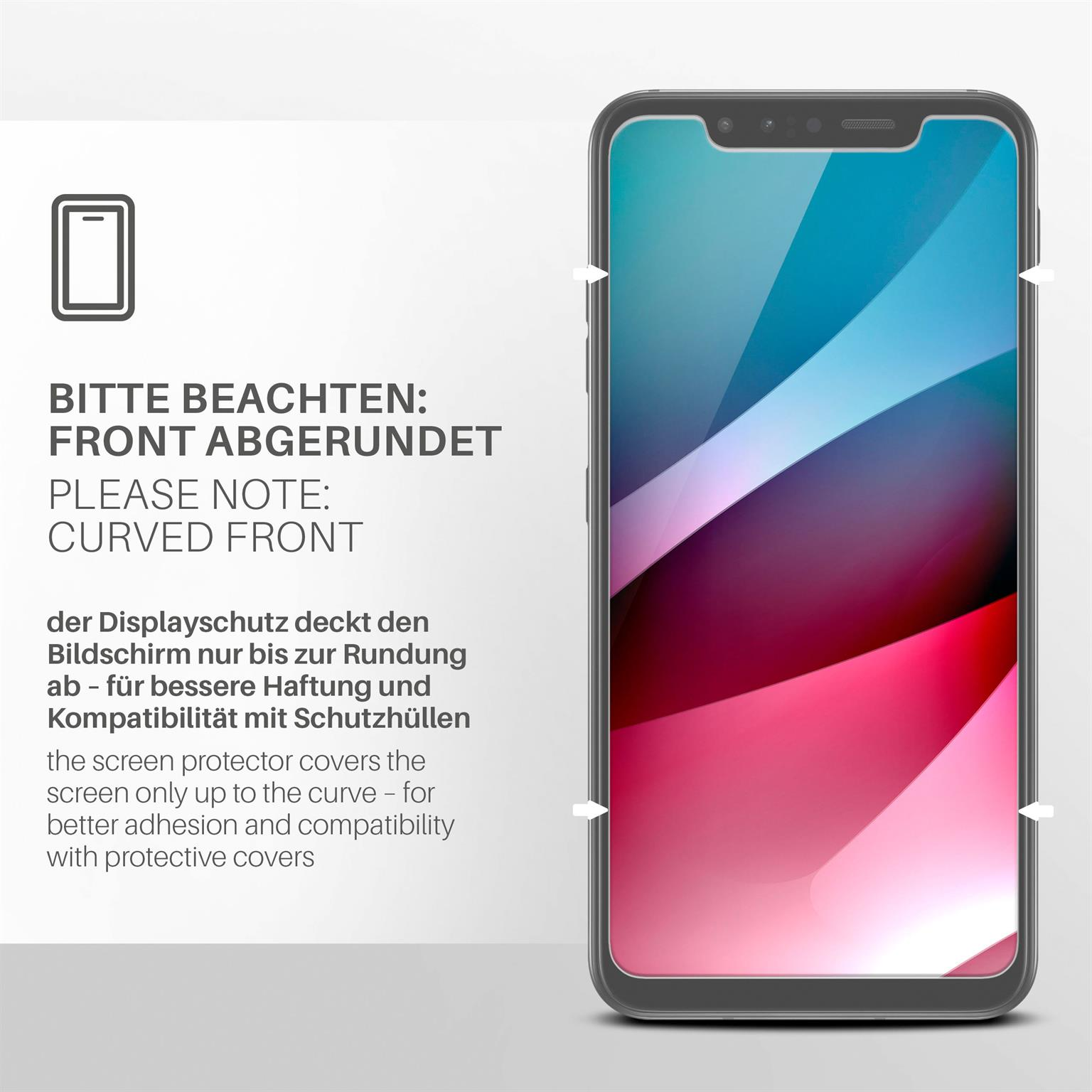Handy-Displayschutz mit abgerundeter Front. Text und Pfeile links, Handy rechts.