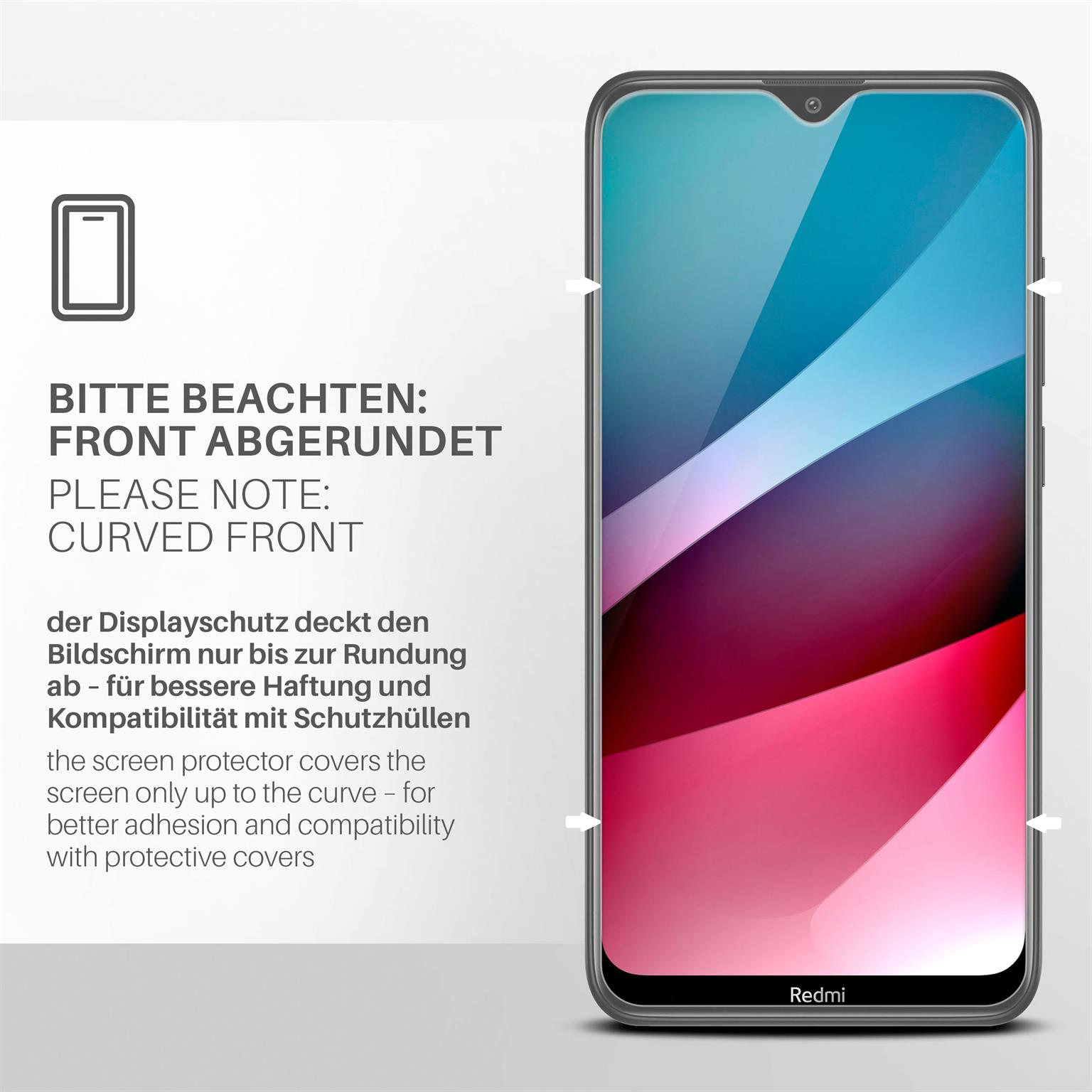 Ein Displayschutz auf einem Telefon, mit Textanweisungen und einem Redmi-Telefon.