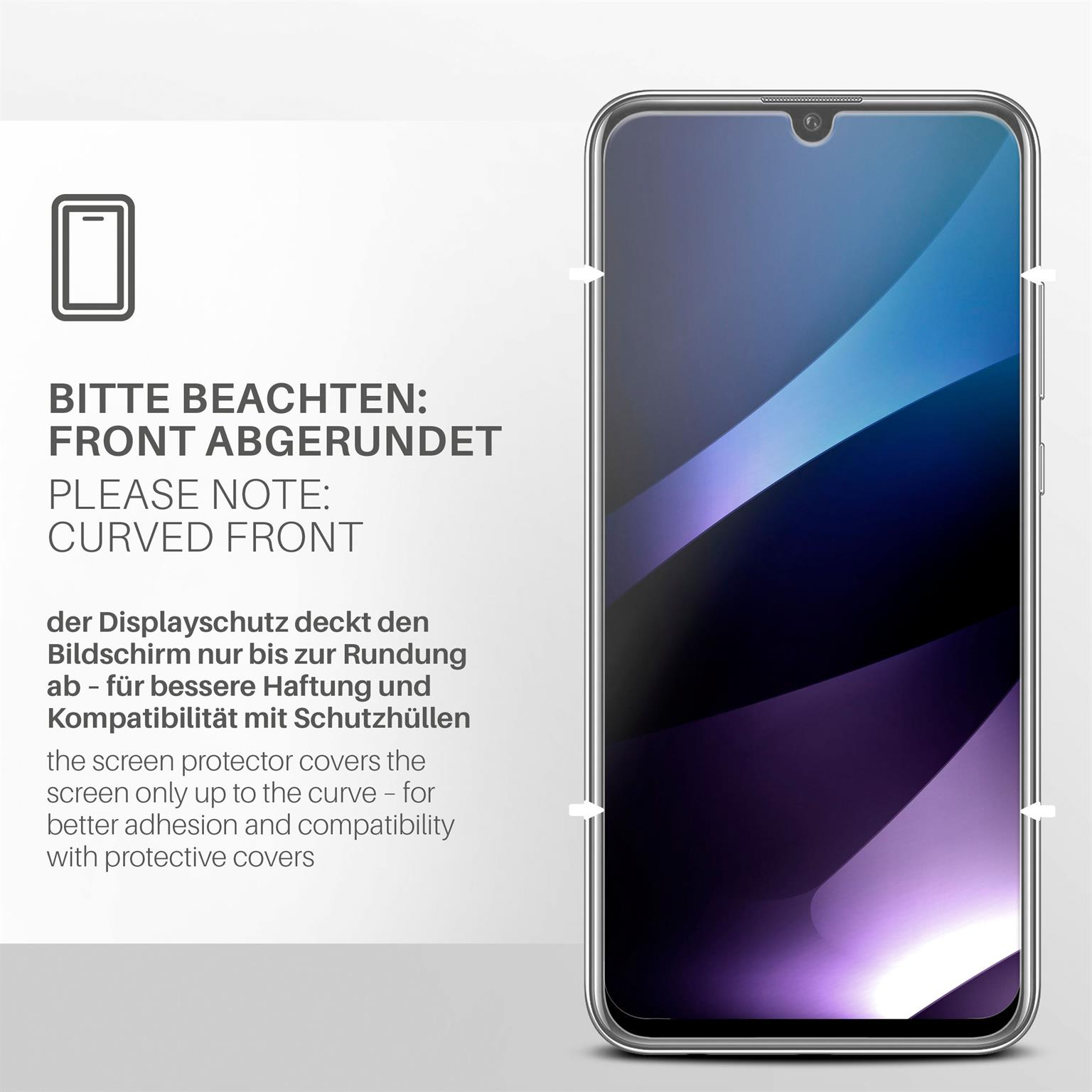 Ein Smartphone-Displayschutz mit dem Text "Curved Front" und einer Telefonumrisslinie, mit deutschem Text.