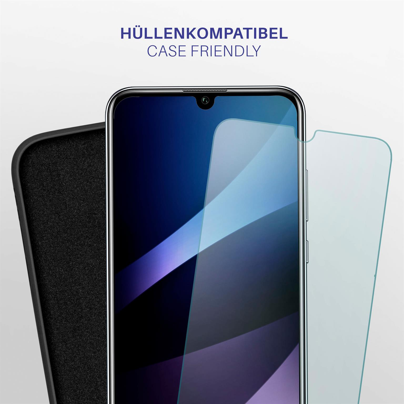 Displayschutzfolie und Hülle für das Telefon. Der Bildschirm zeigt ein blaues Bild. Weißer Hintergrund.