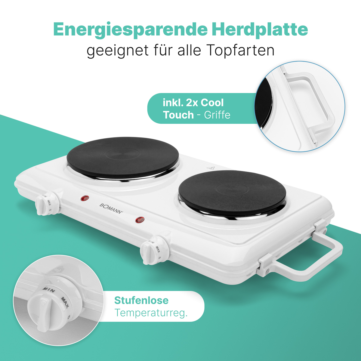 Biała podwójna płyta grzejna z regulowanymi pokrętłami i uchwytami.