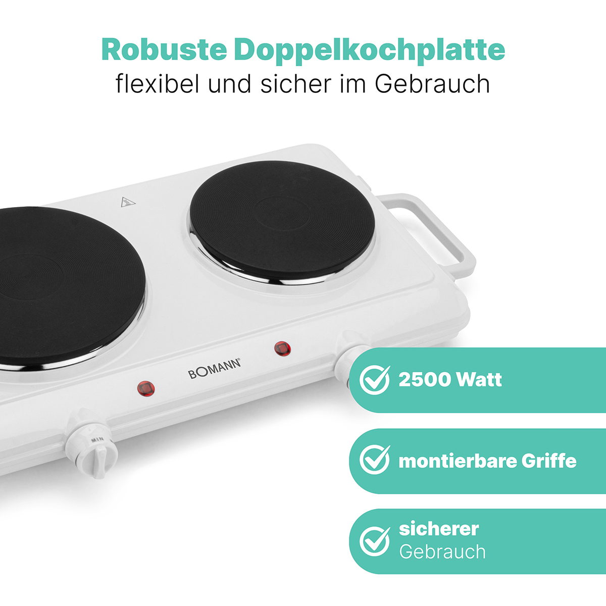 Biała podwójna płyta grzewcza z dwoma palnikami, czerwone światła i pokrętło.