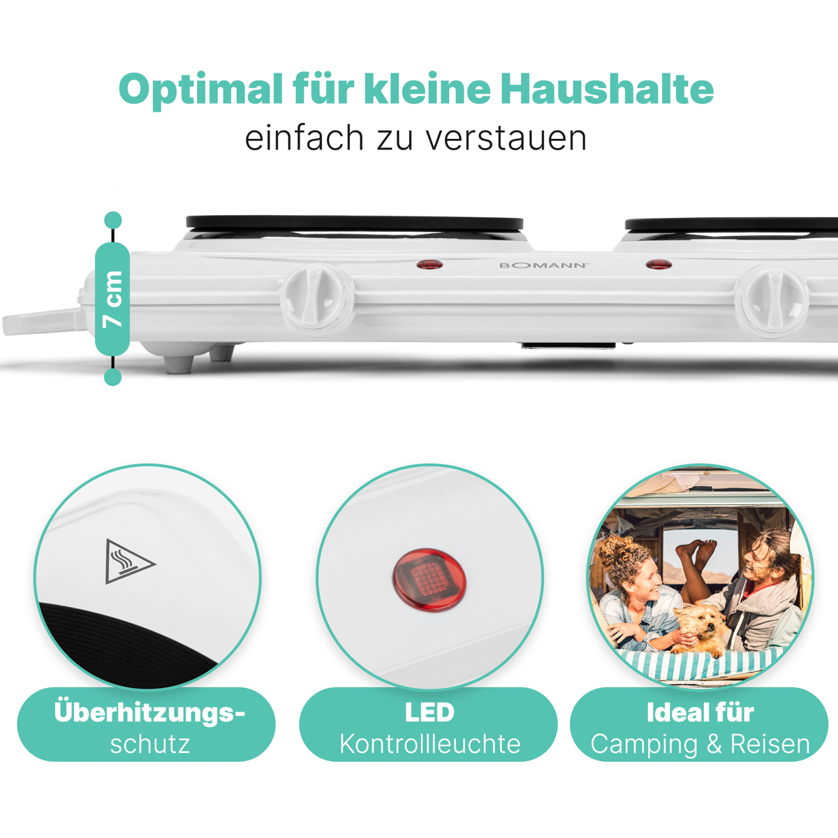 Biała płyta grzewcza z tekstem i ilustracjami na białym tle. Motyw kempingowy.