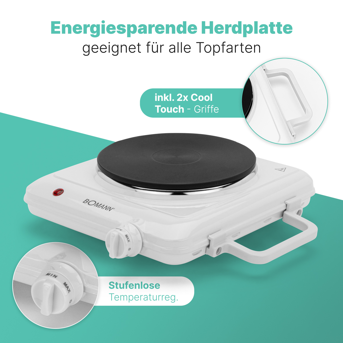 Biała płyta grzewcza z pokrętłem i tekstem, odpowiednia do wszystkich garnków.