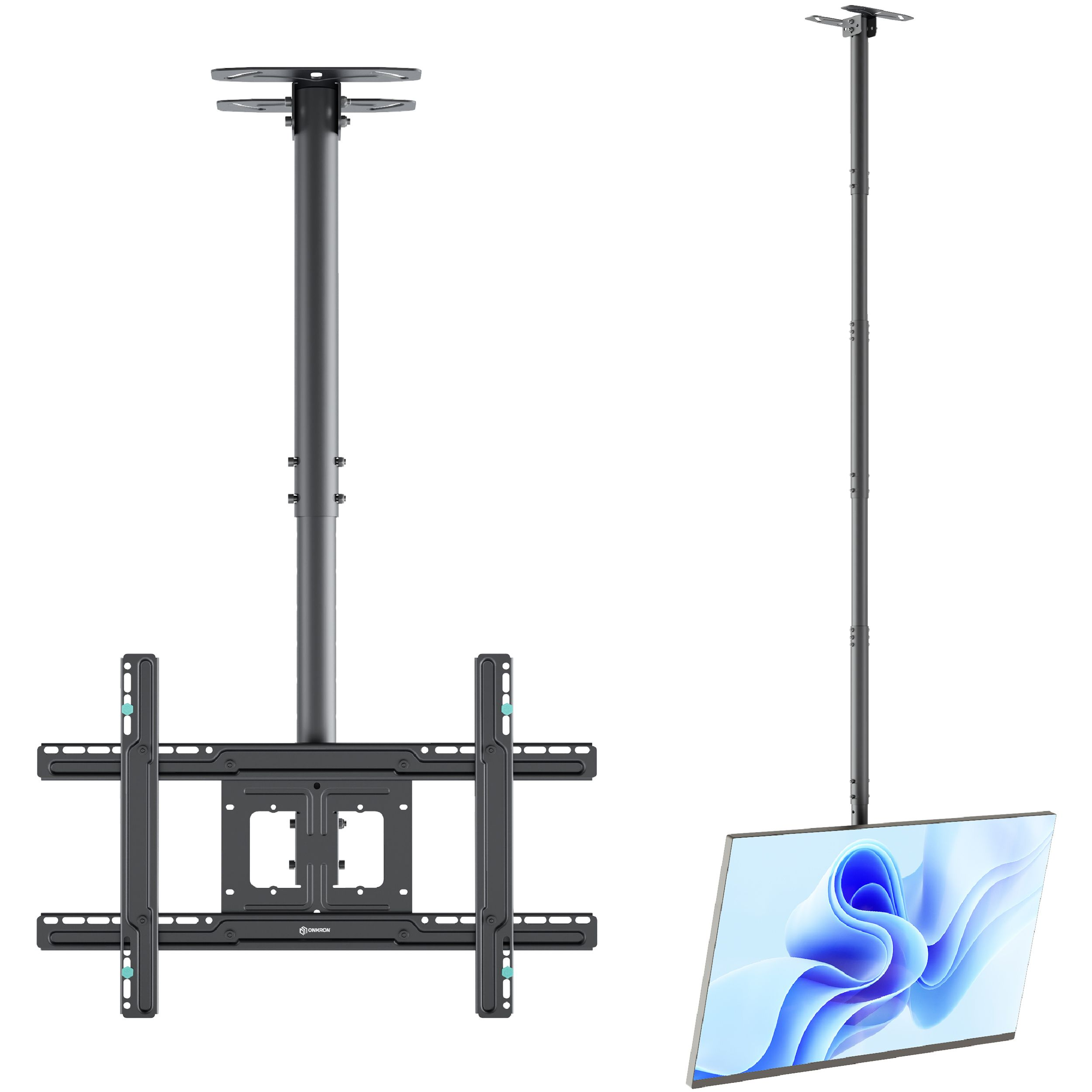 Un supporto TV e un televisore appeso al soffitto. La TV mostra un design astratto blu e bianco.