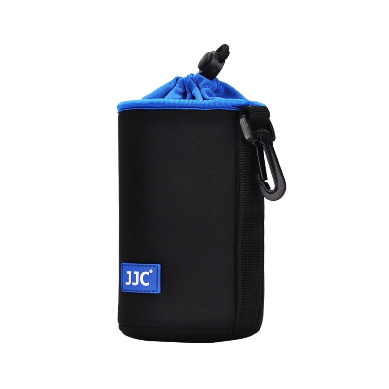 Eine schwarze Kameratasche mit blauem Kordelzug und einem Karabinerhaken.