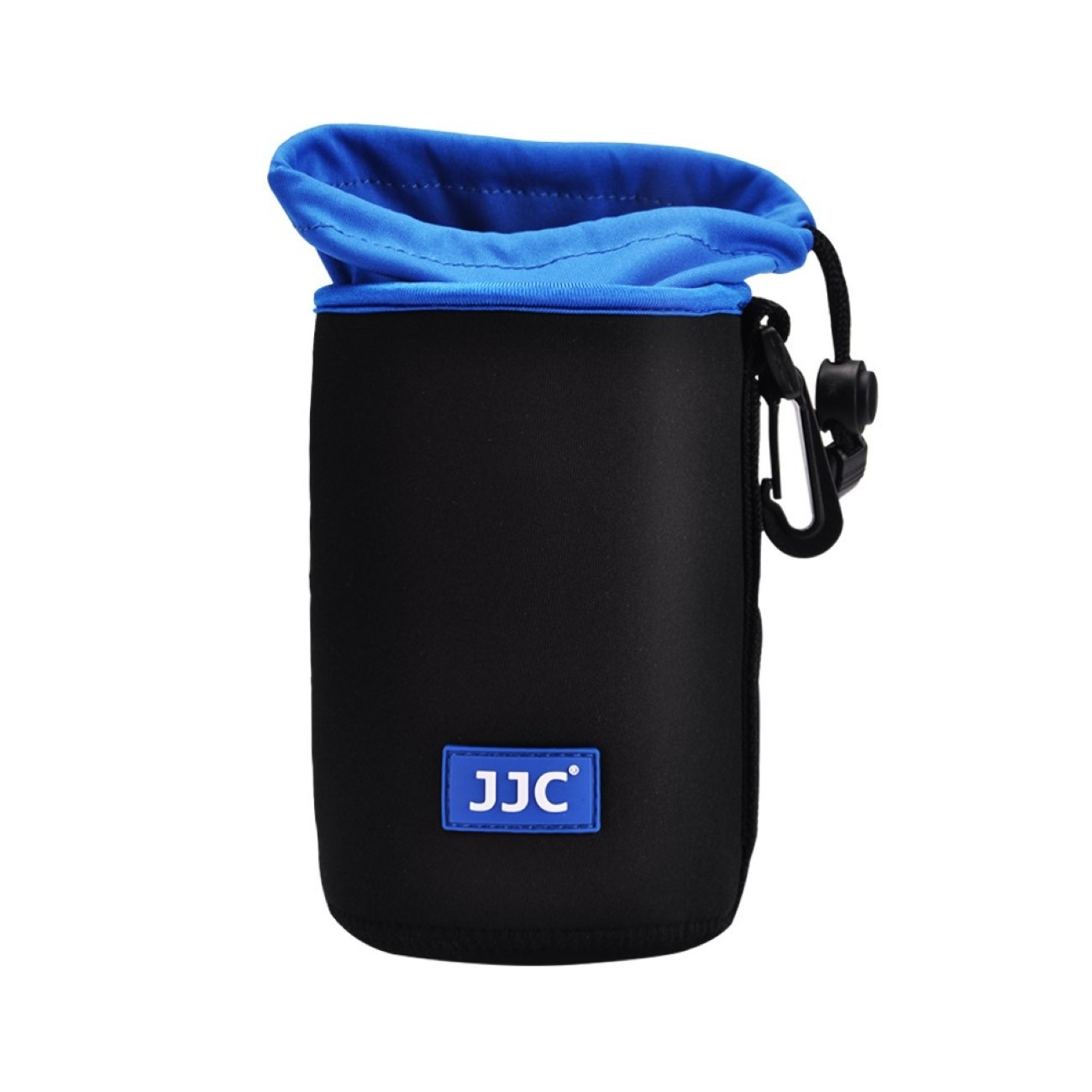 Schwarze und blaue Objektivtasche. Sie hat einen Kordelzugverschluss und einen Karabinerhaken.
