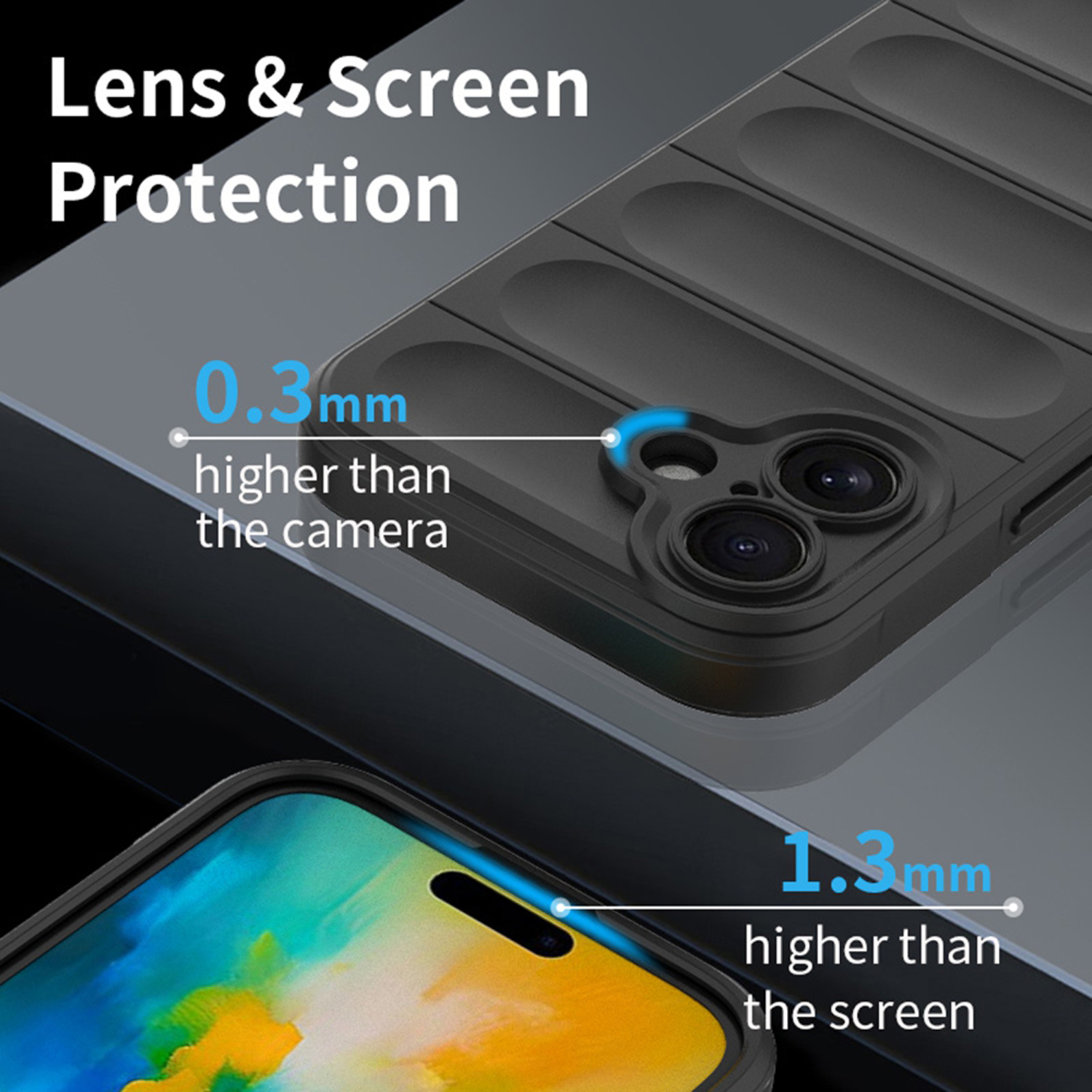 Coque de téléphone montrant les mesures de protection de l'objectif et de l'écran, avec texte et étiquettes.